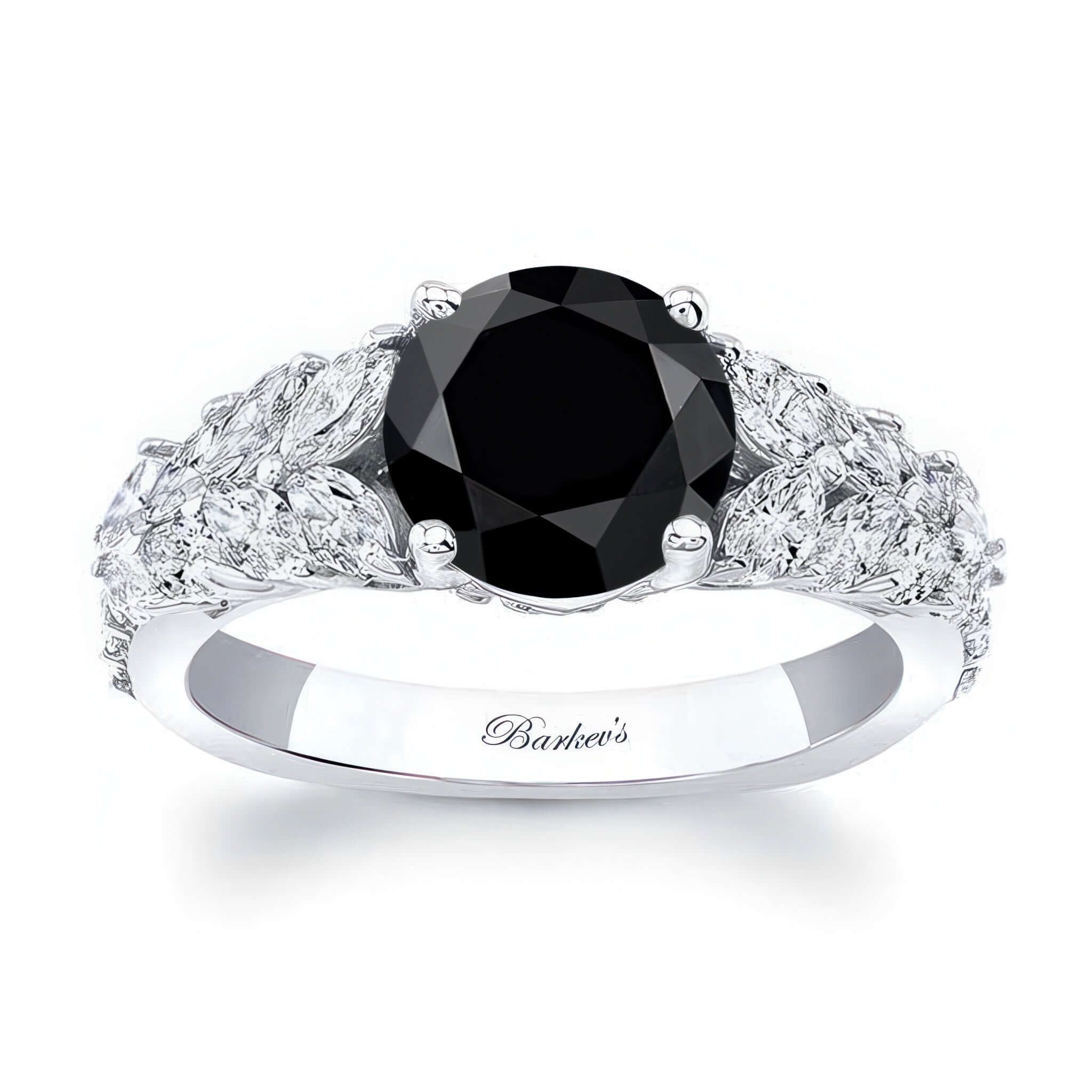 2 Carat Round Black And White Diamond Engagement Ring featuring a black center diamond and marquise cut side stones.