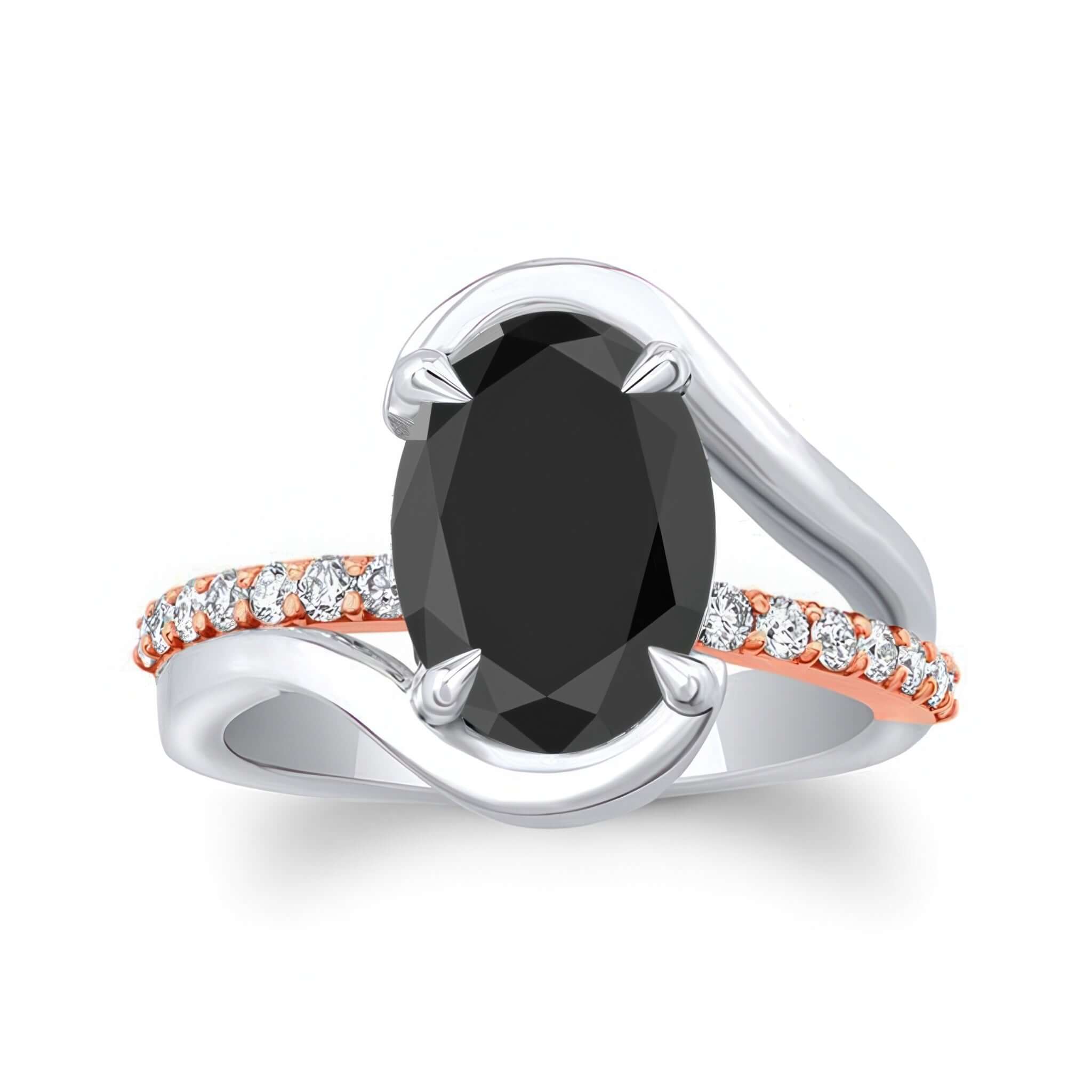 Simple 3 Carat Oval Black And White Diamond Ring featuring a stunning black diamond and a split shank design.
