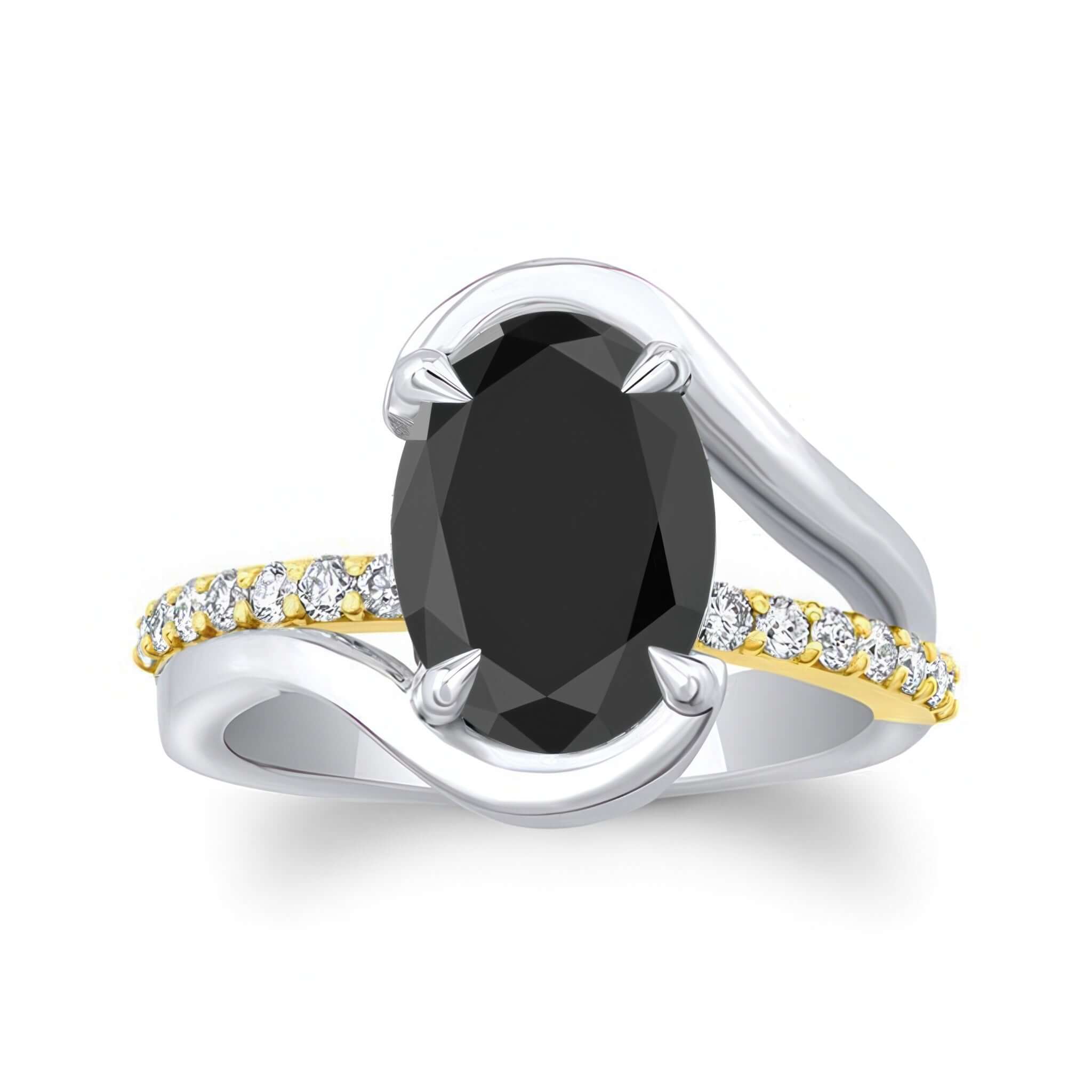 Simple 3 Carat Oval Black And White Diamond Ring with a split shank and prong set diamonds.
