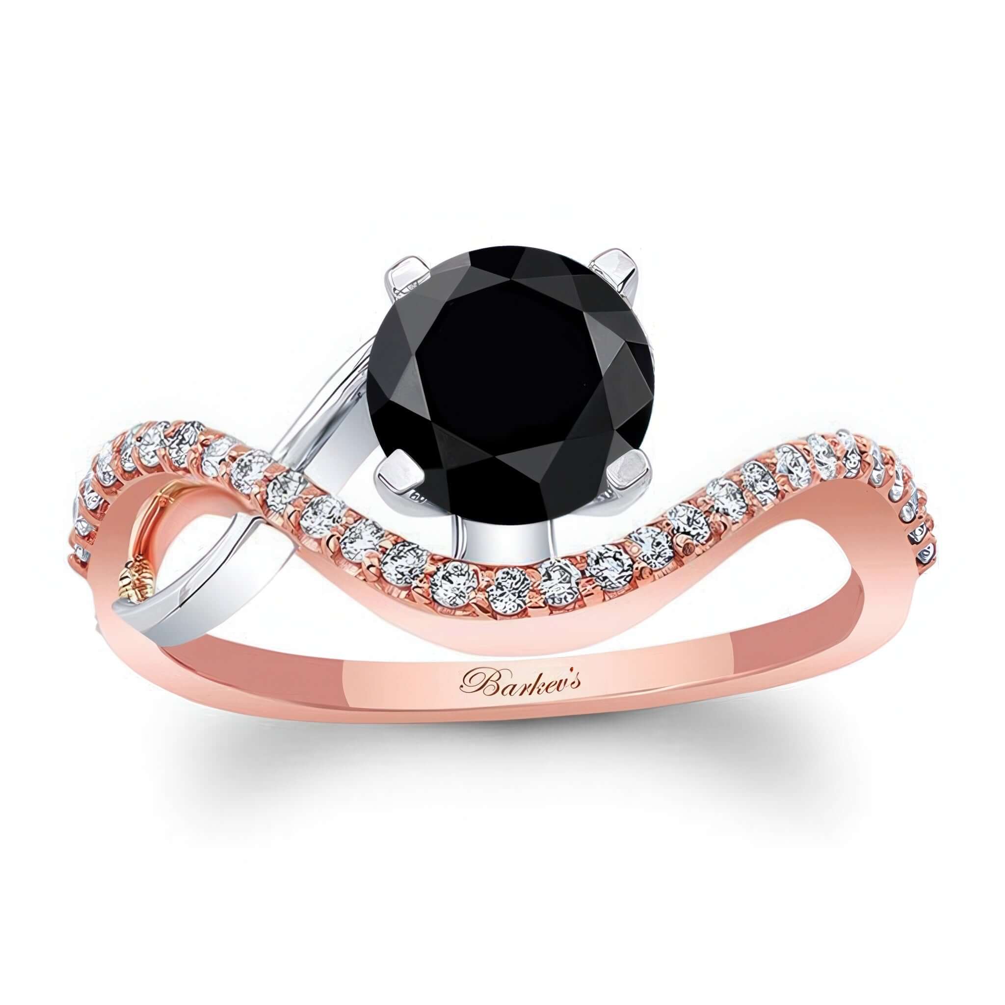Curved Black And White Diamond Wedding Ring with prong set black diamond center and pave set diamonds on shank.