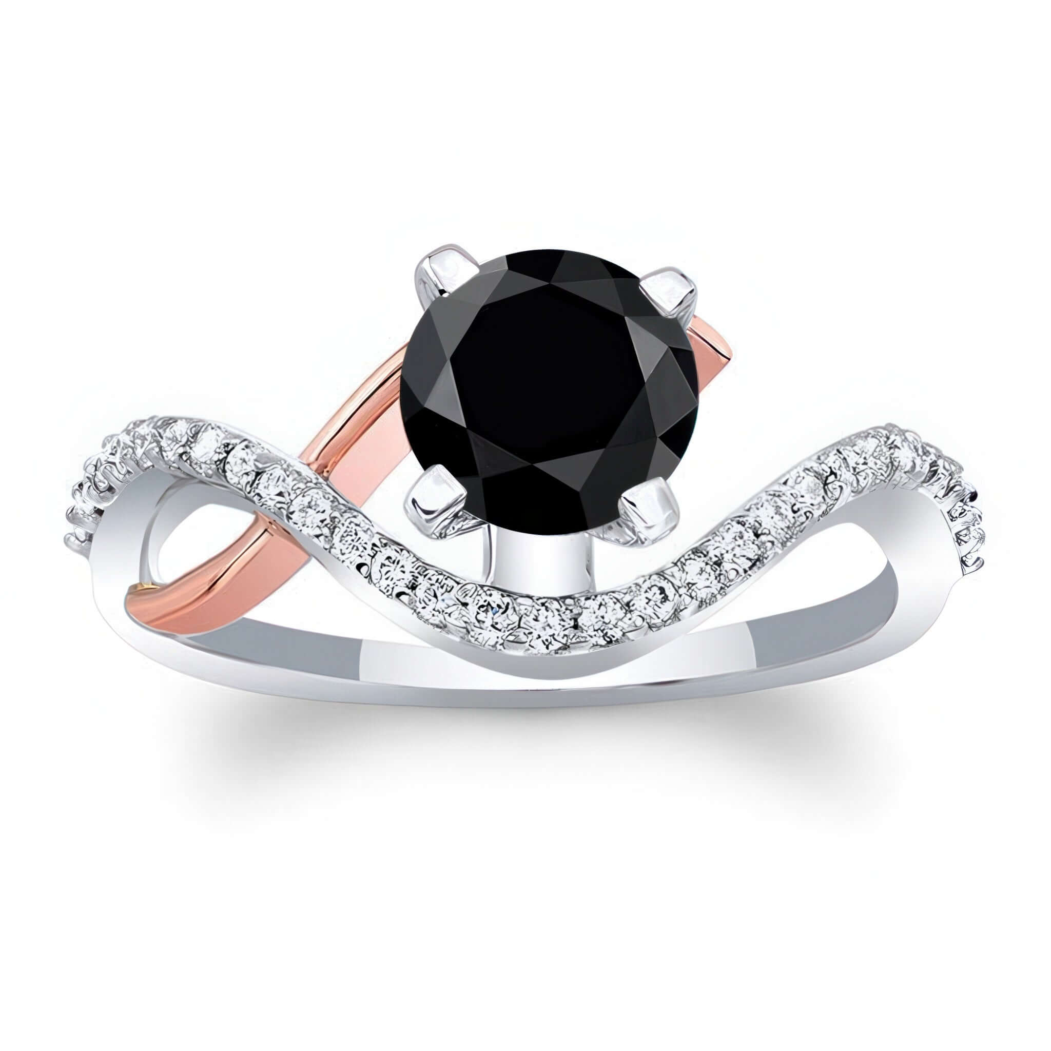 Curved Black And White Diamond Wedding Ring with black center stone and pave diamonds on the shank for a unique look.