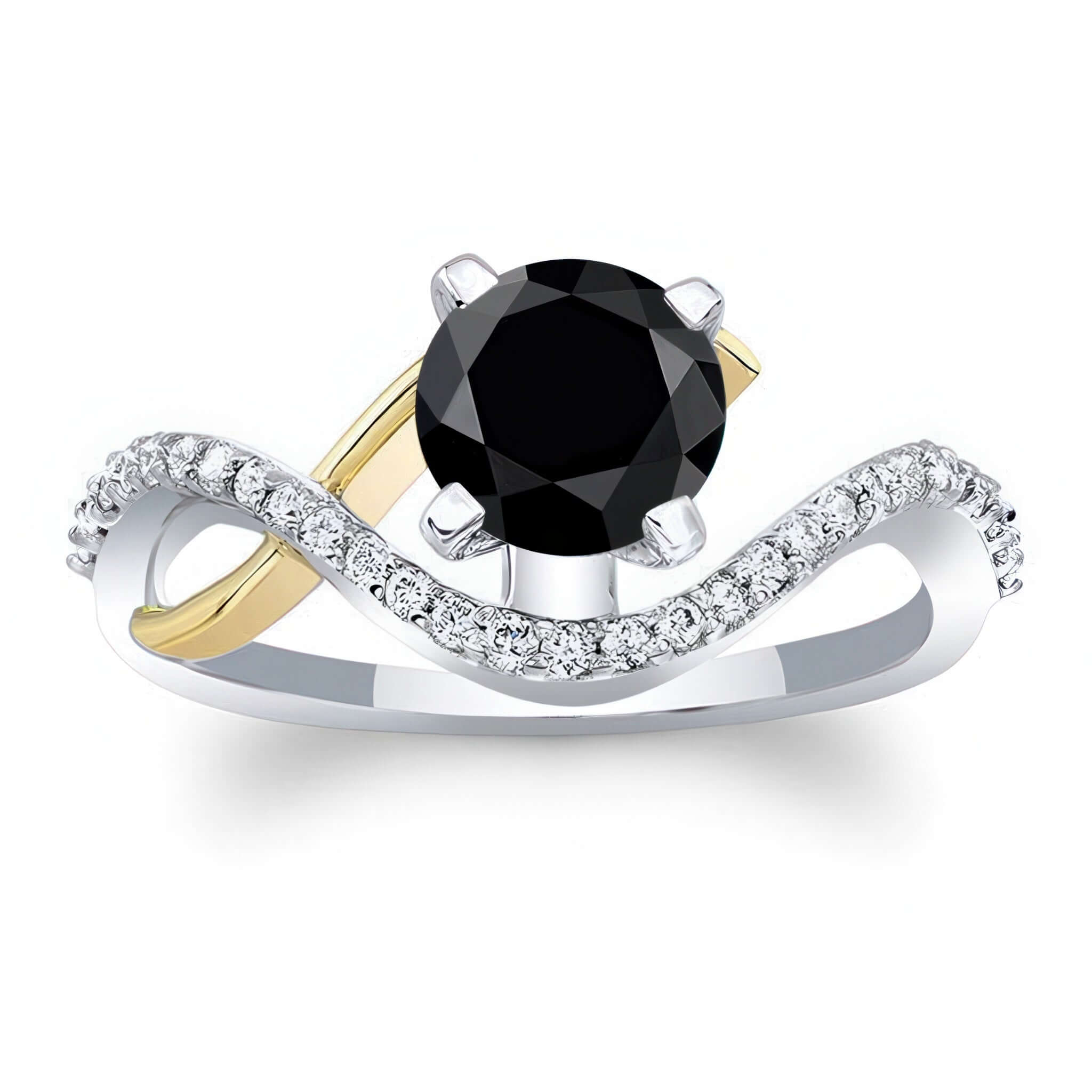 Curved Black And White Diamond Wedding Ring featuring a prong set round center and pave set diamonds on the shank.