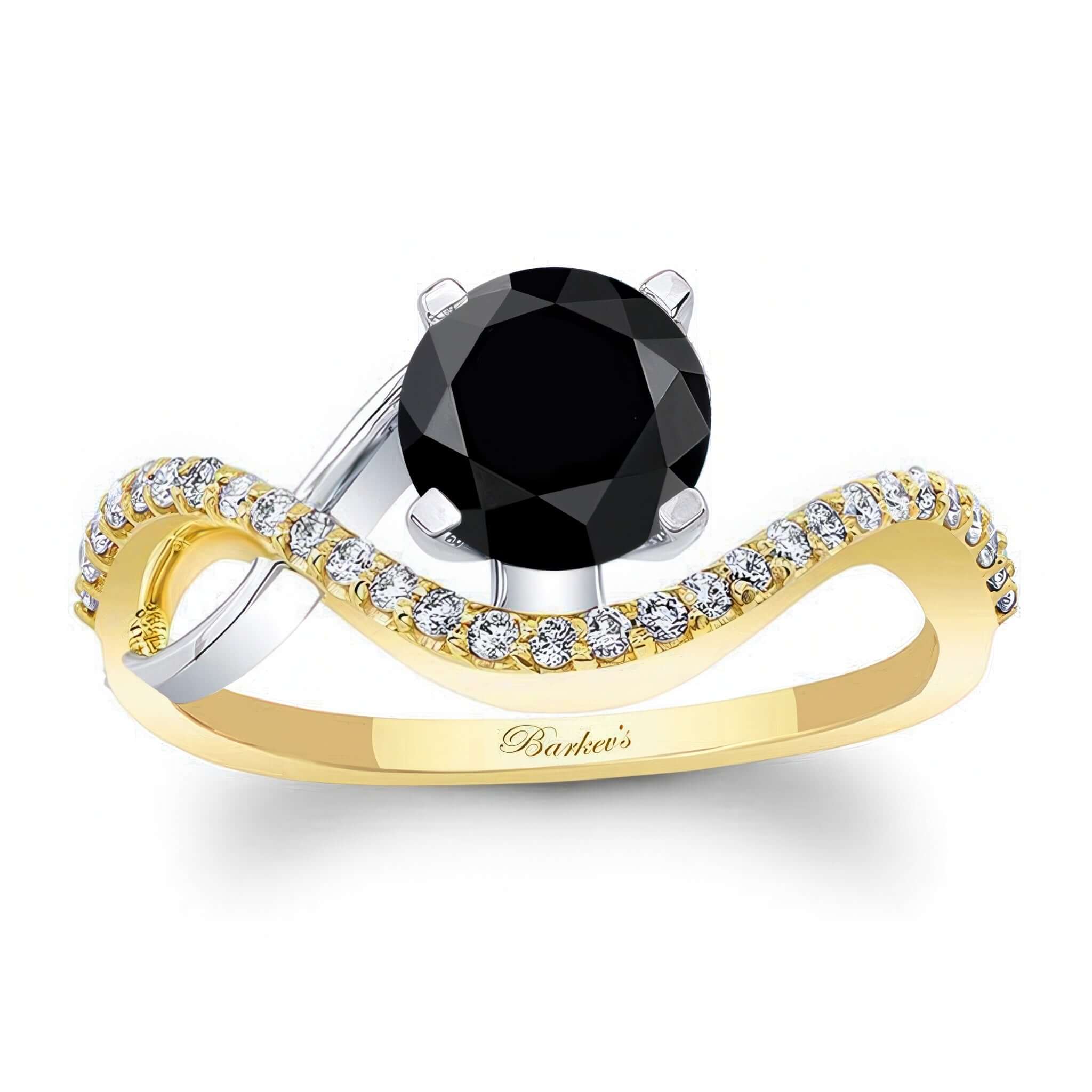 Curved Black And White Diamond Wedding Ring with a prong set black center and pave set diamonds on the shank.