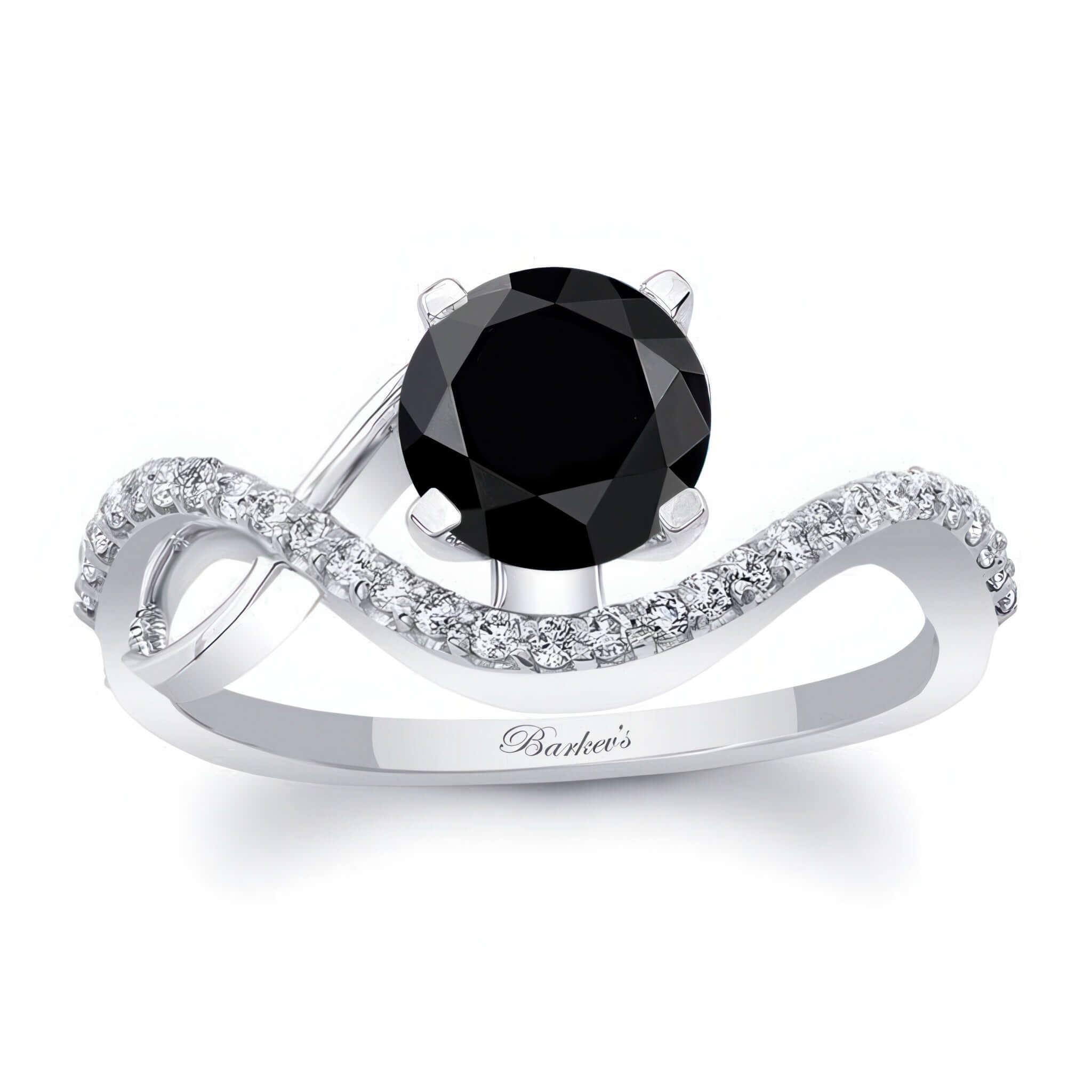 Curved Black And White Diamond Wedding Ring with prong set black diamond and pave set diamonds on a wavy band.