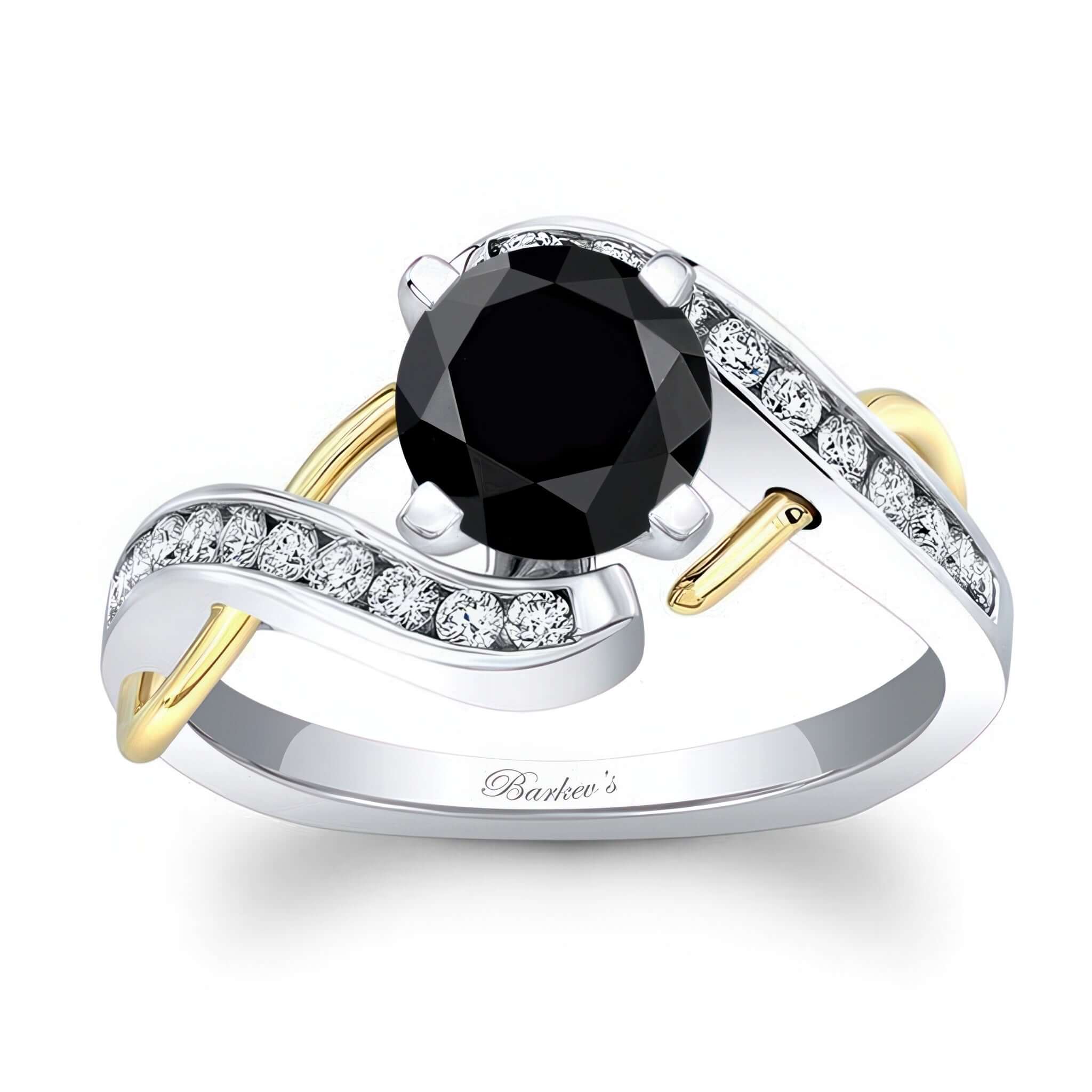 Black And White Diamond Channel Ring featuring a prong set black diamond center and channel set diamond melees.