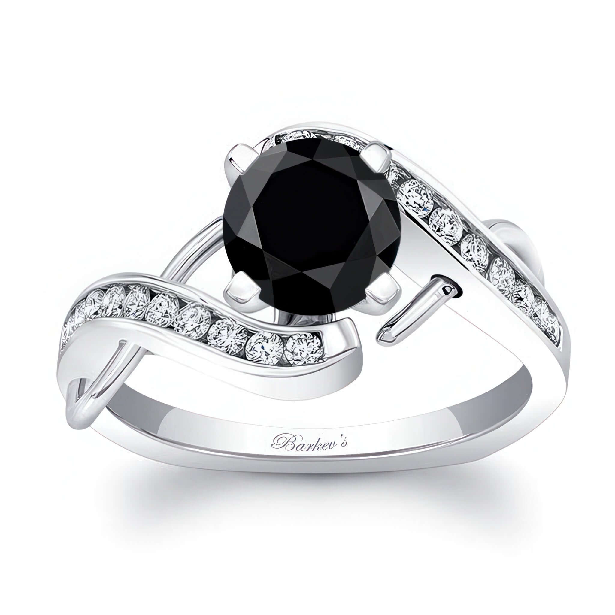 Black And White Diamond Channel Ring featuring a round black center and channel set diamonds on a sleek band.