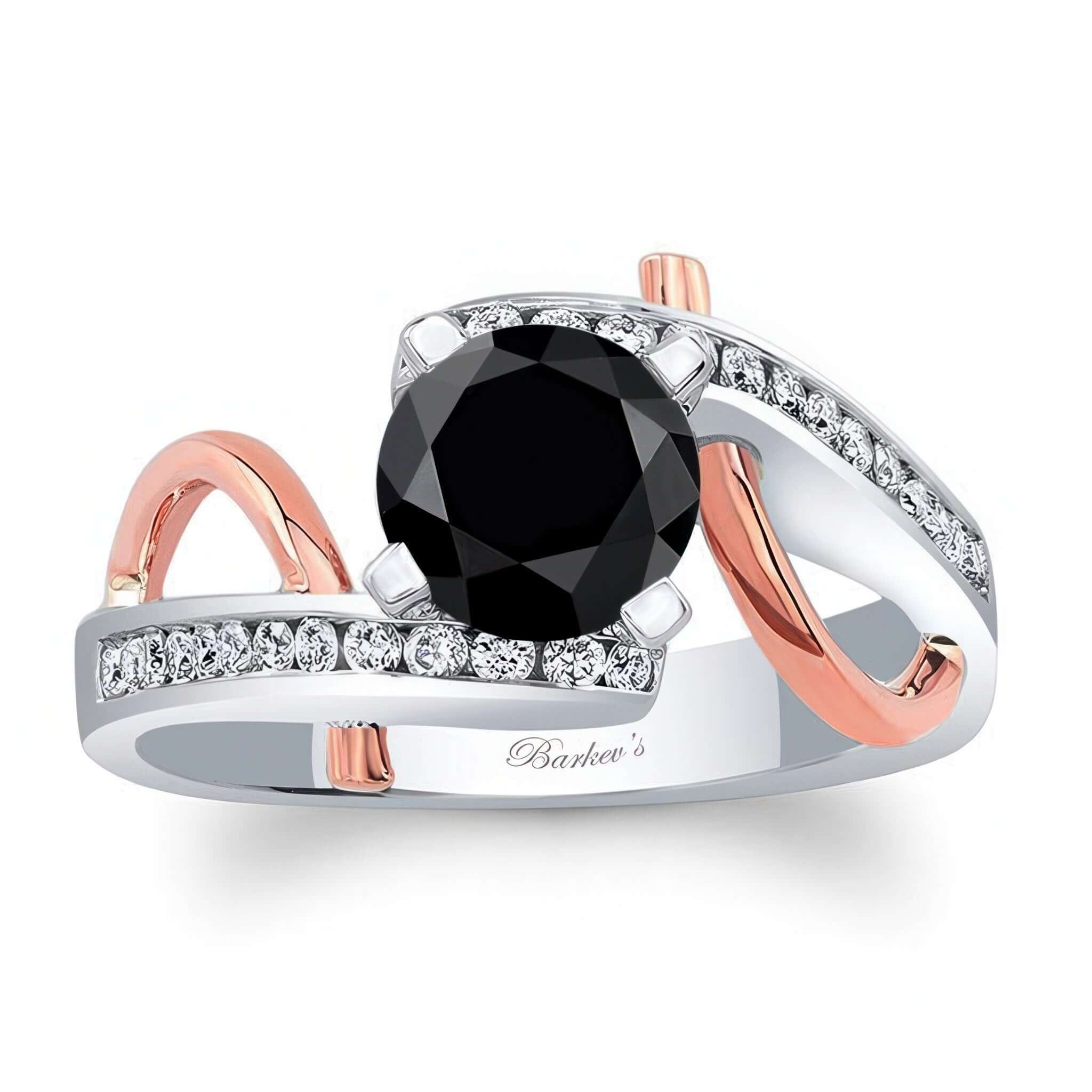 Curved Trim Black And White Diamond Engagement Ring featuring a prong set round black diamond and channel set diamonds.
