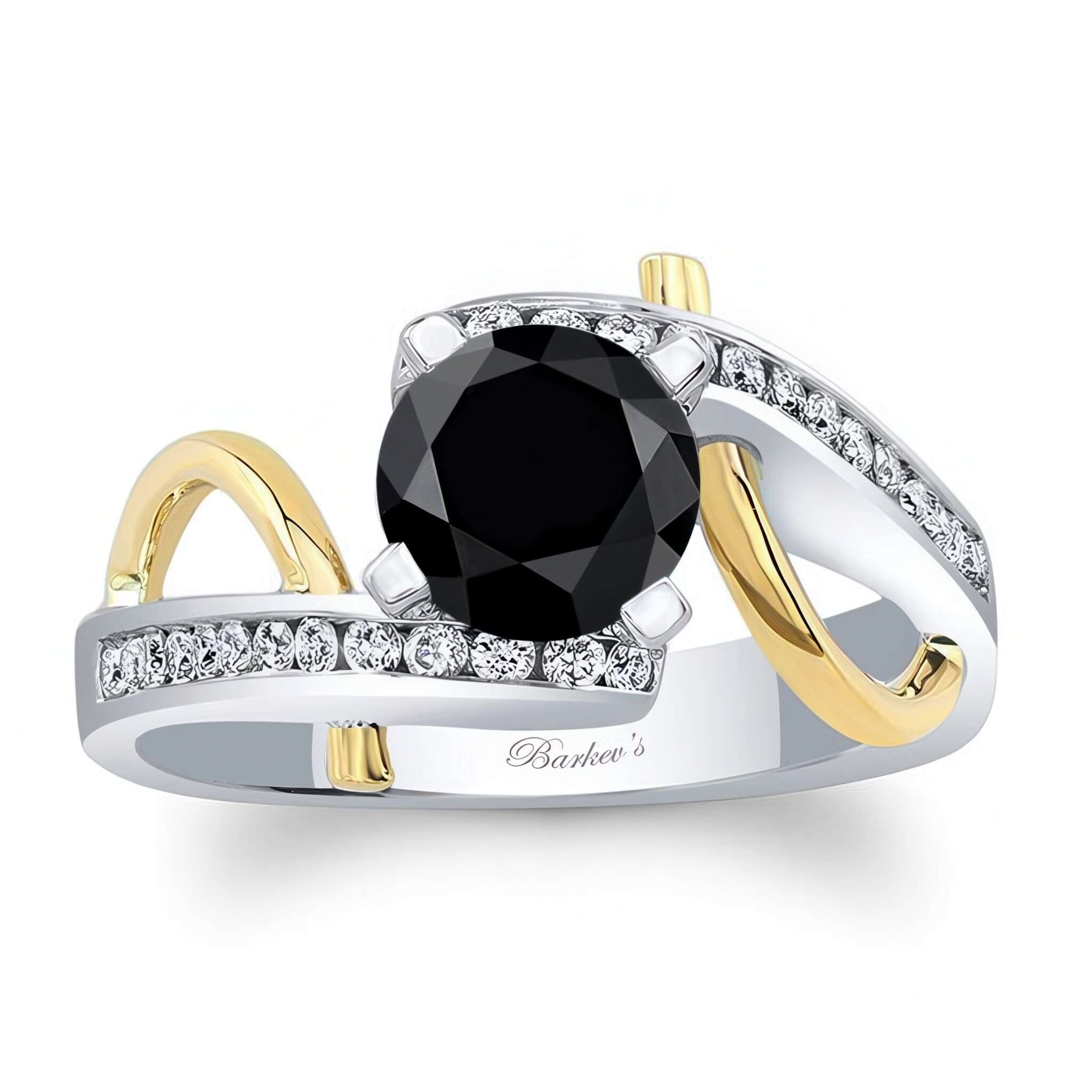 Curved Trim Black And White Diamond Engagement Ring with a black center diamond and channel-set white diamonds.