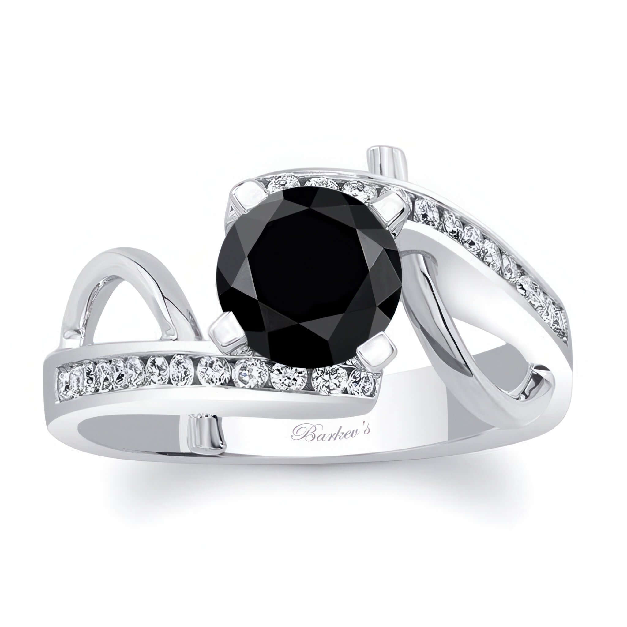 Curved Trim Black And White Diamond Engagement Ring with a black center stone and channel set diamonds on the shoulders.