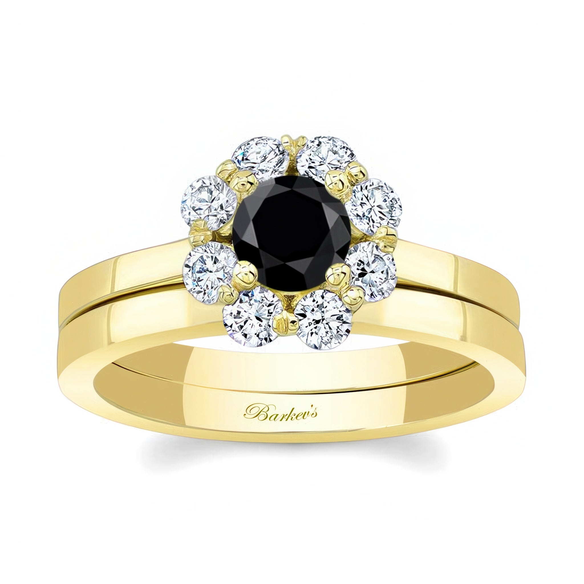 Halo Black And White Diamond Solitaire Wedding Ring Set featuring a black center stone with a diamond halo and matching band.