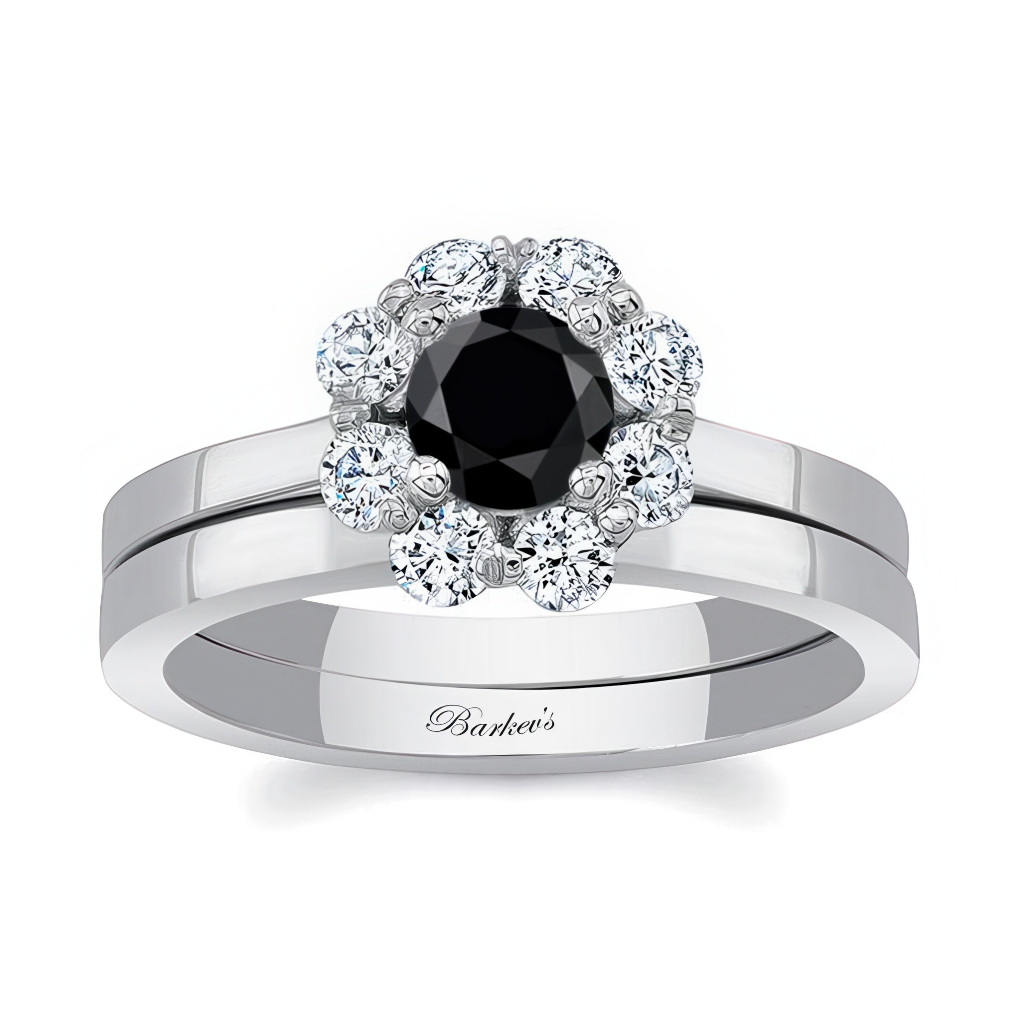Halo Black And White Diamond Solitaire Wedding Ring Set featuring a round black diamond center with sparkling halo.