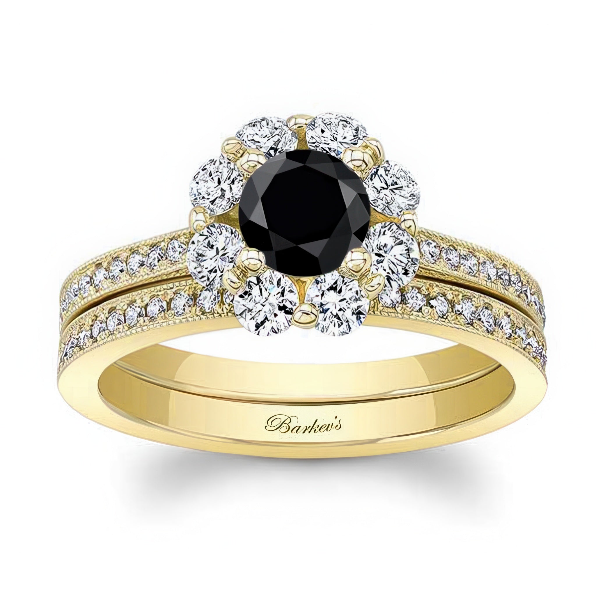 Halo Black And White Diamond Ring Set featuring a black center stone and diamond halo in a gold setting.
