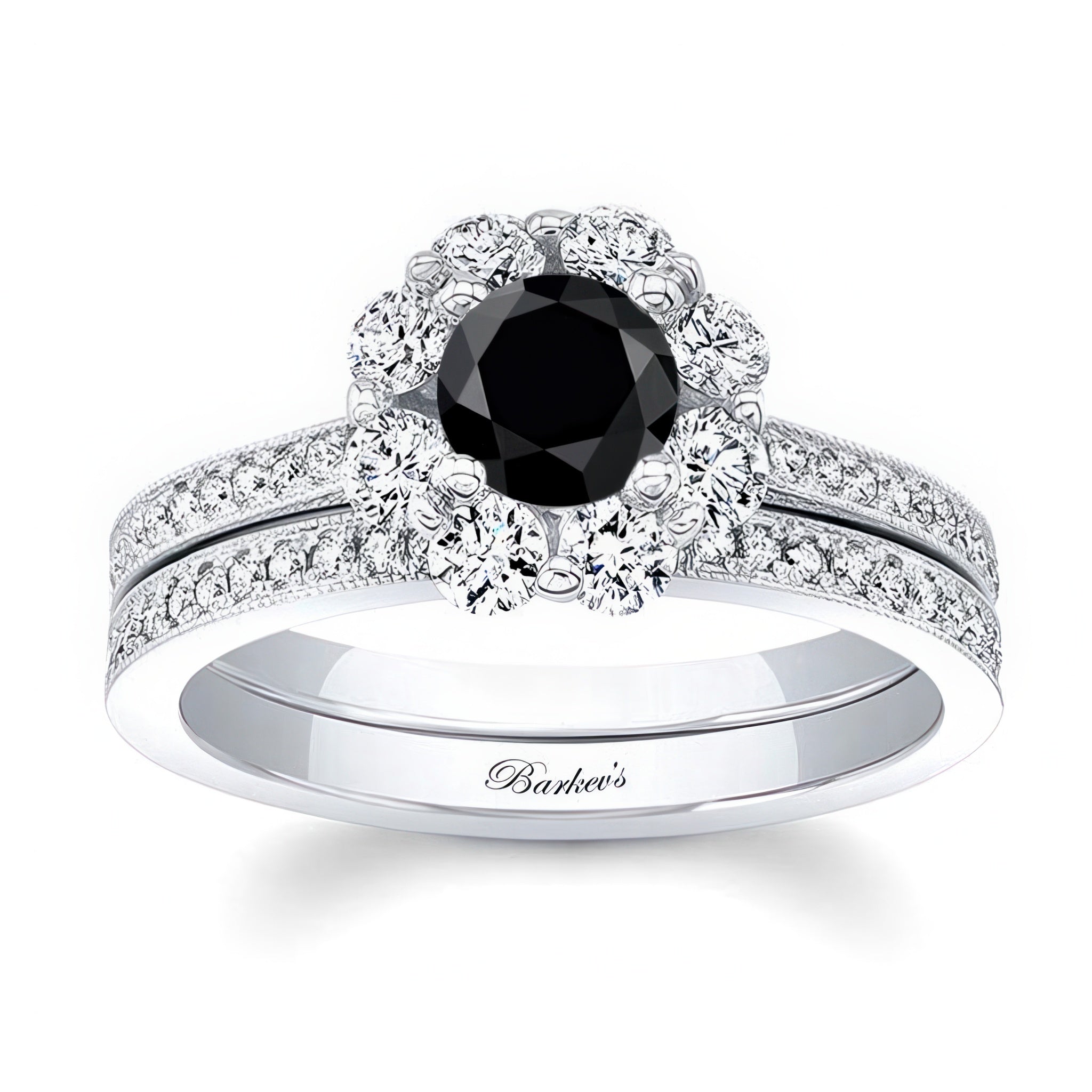 Halo Black And White Diamond Ring Set featuring a round black center in a diamond halo with pave set shank.
