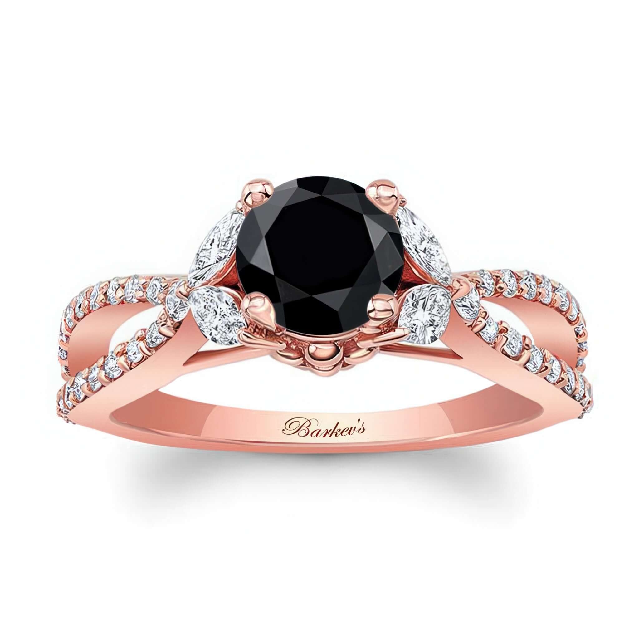 Black And White Diamond Leaf Ring with open split shank and round black diamond centerpiece