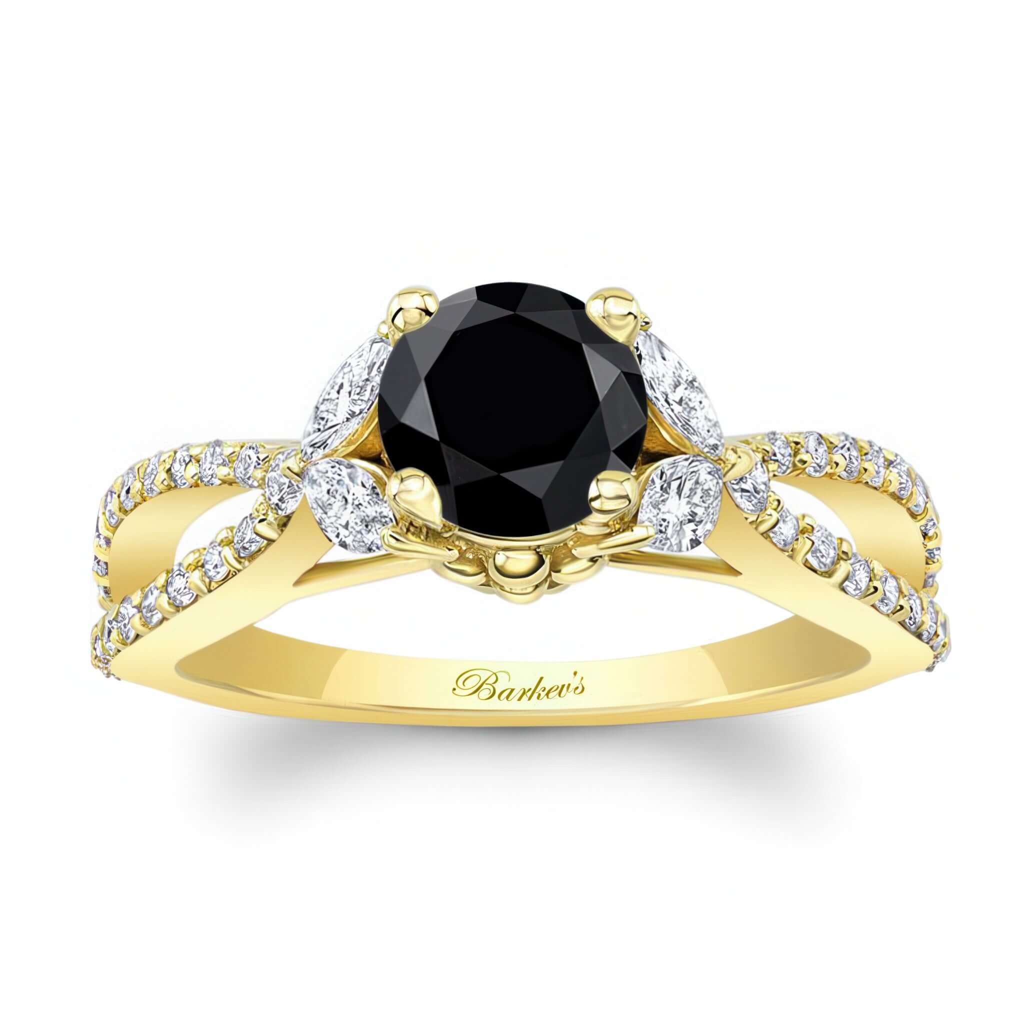 Black And White Diamond Leaf Ring featuring black center stone and diamond accents on a split shank design.