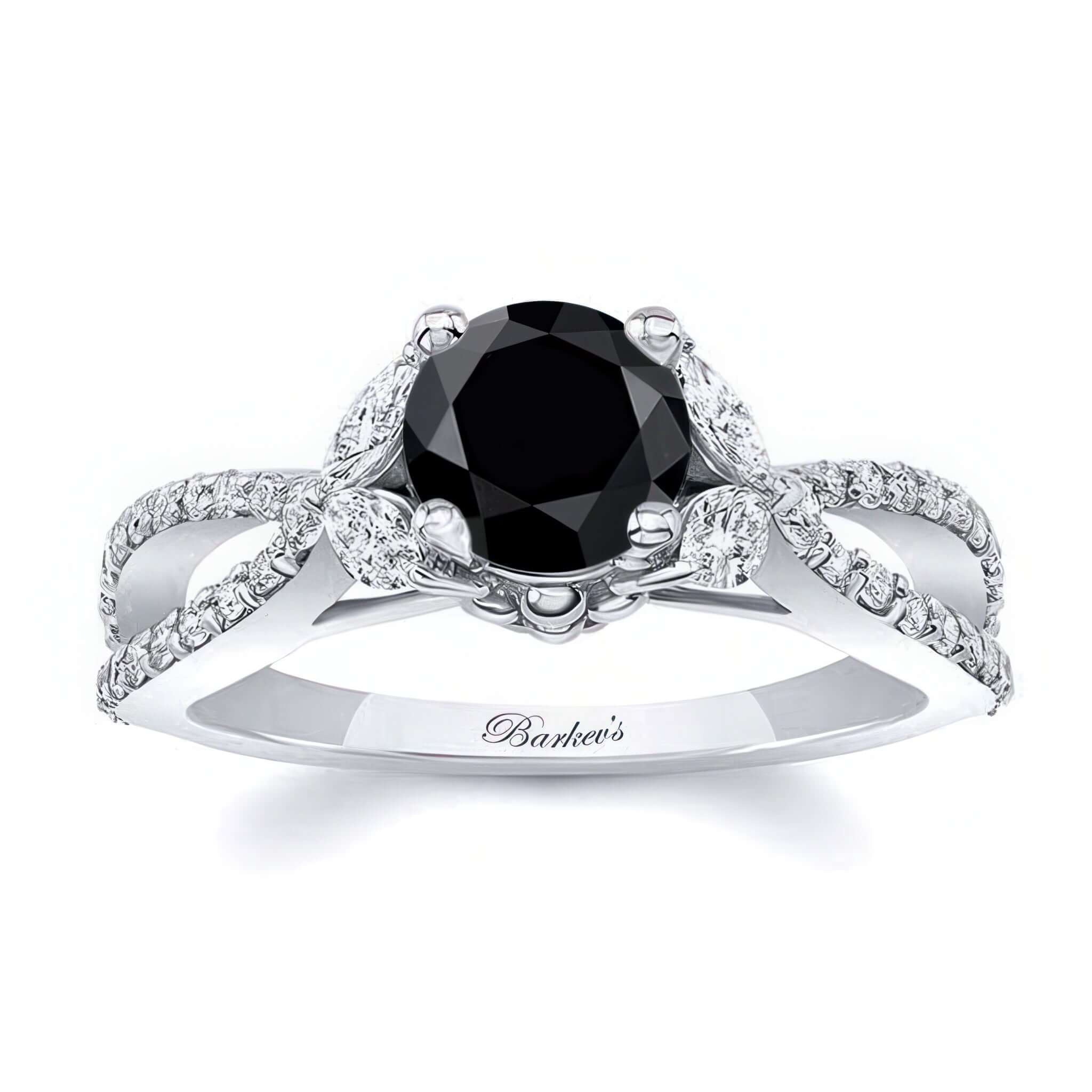 Black And White Diamond Leaf Ring featuring a black center diamond and elegant leaf design with white diamonds.