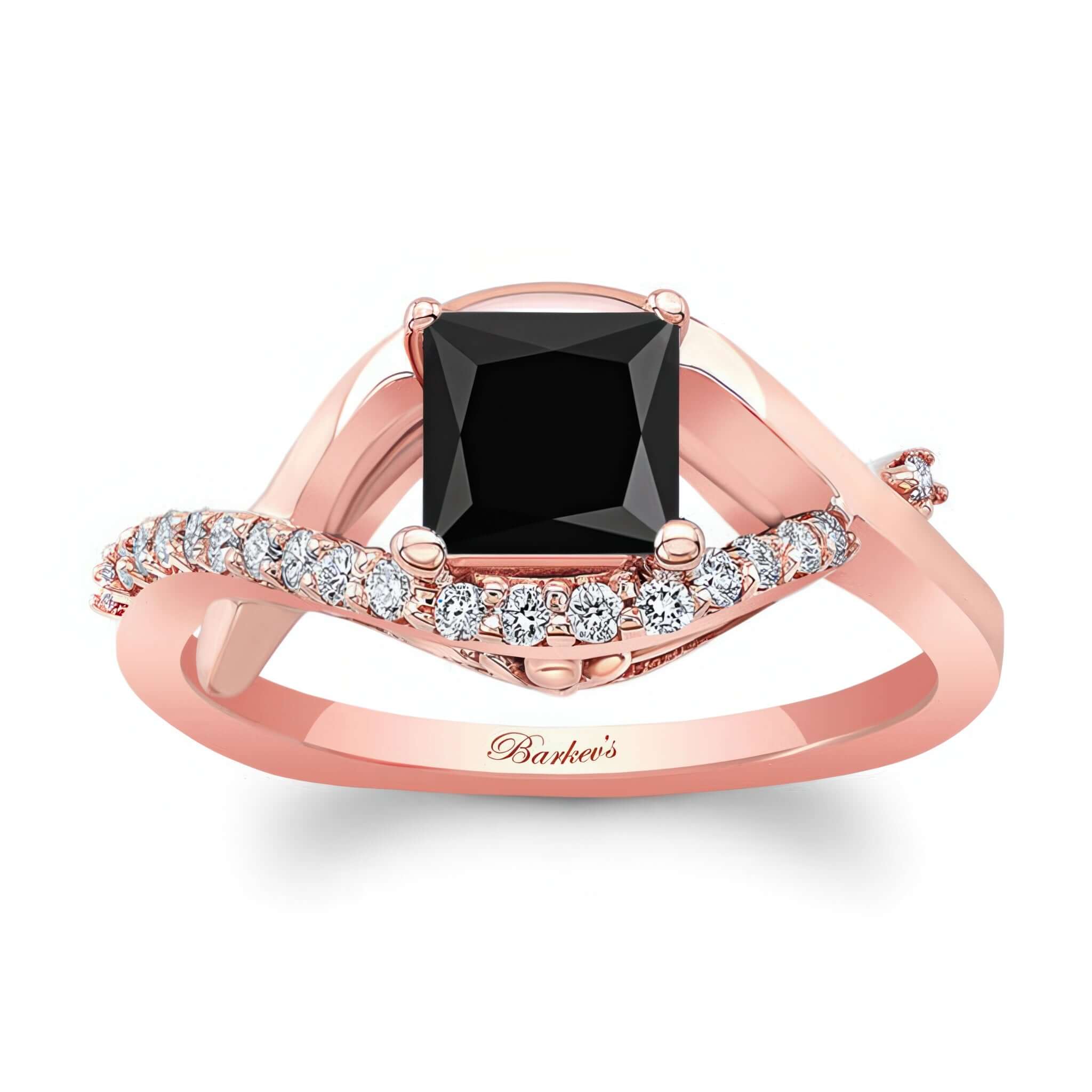Criss Cross Princess Cut Black And White Diamond Engagement Ring in rose gold with black diamond centerpiece.