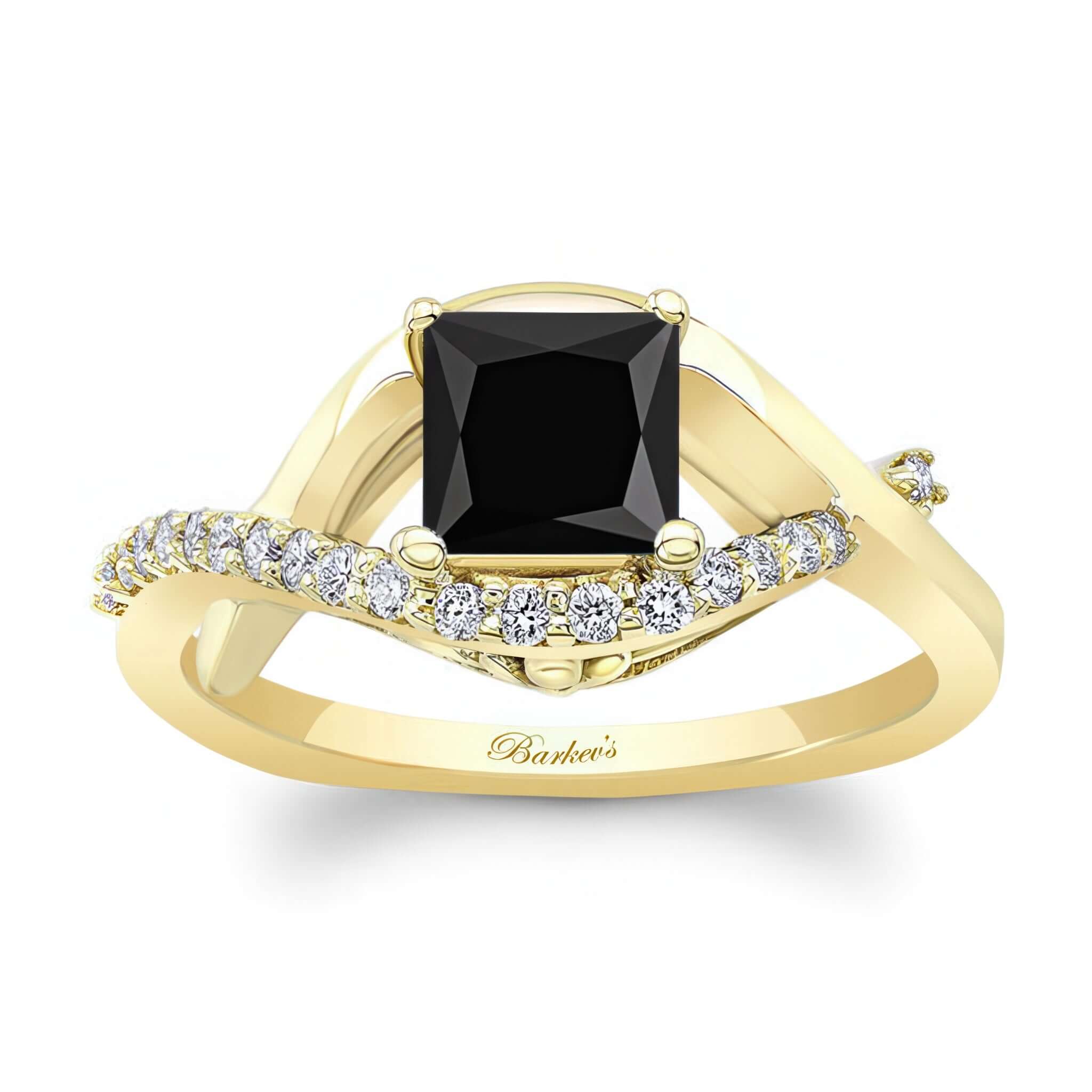Criss Cross Princess Cut Black And White Diamond Engagement Ring featuring a black center stone and shared prong set diamonds.