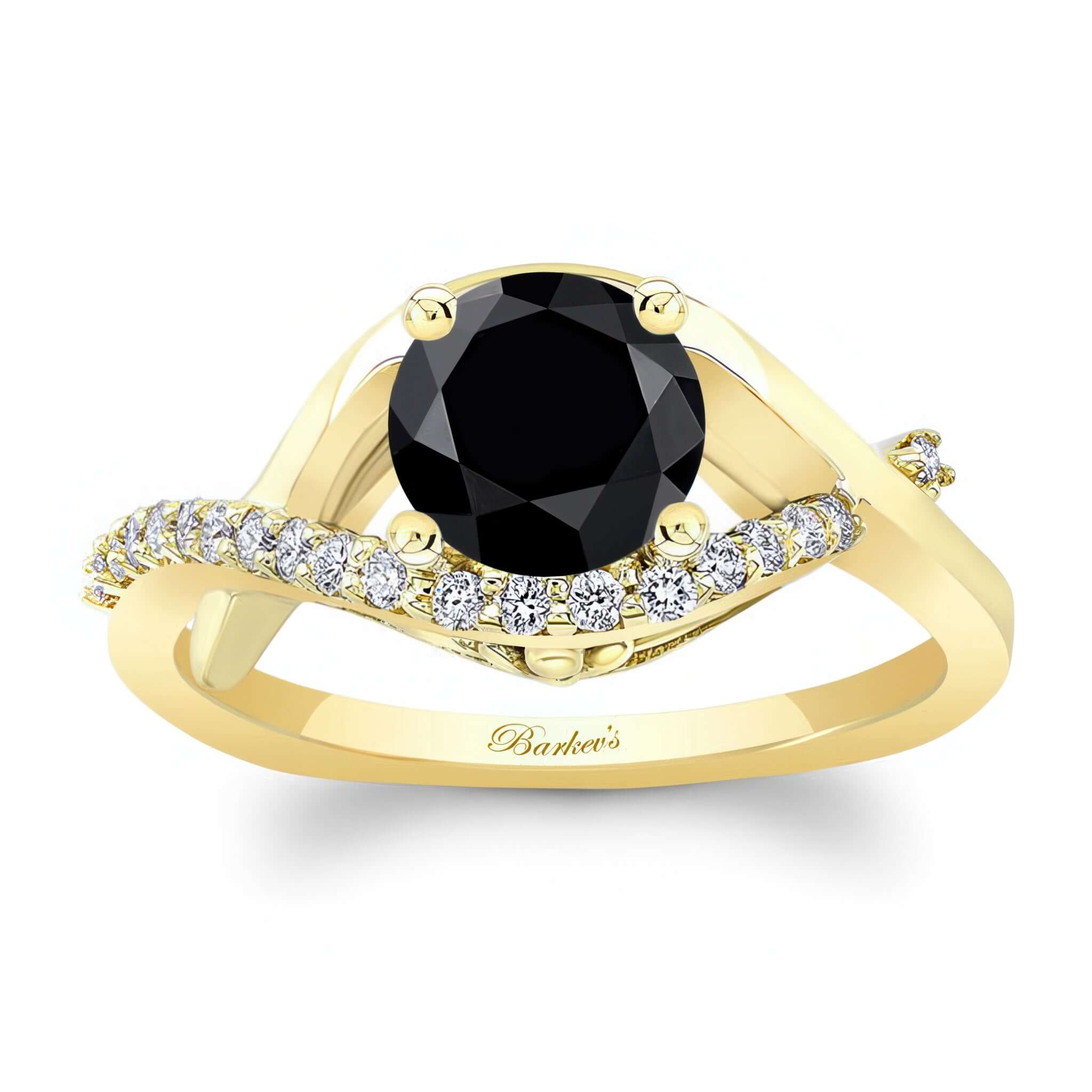 Criss Cross Black And White Diamond Engagement Ring with a prong set round black diamond and sparkling shared prong set diamonds.