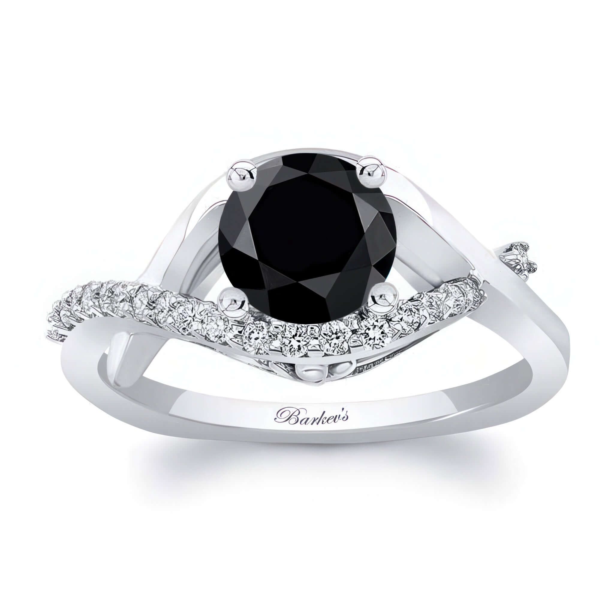 Criss Cross Black And White Diamond Engagement Ring featuring a prong set round black diamond in an elegant design.