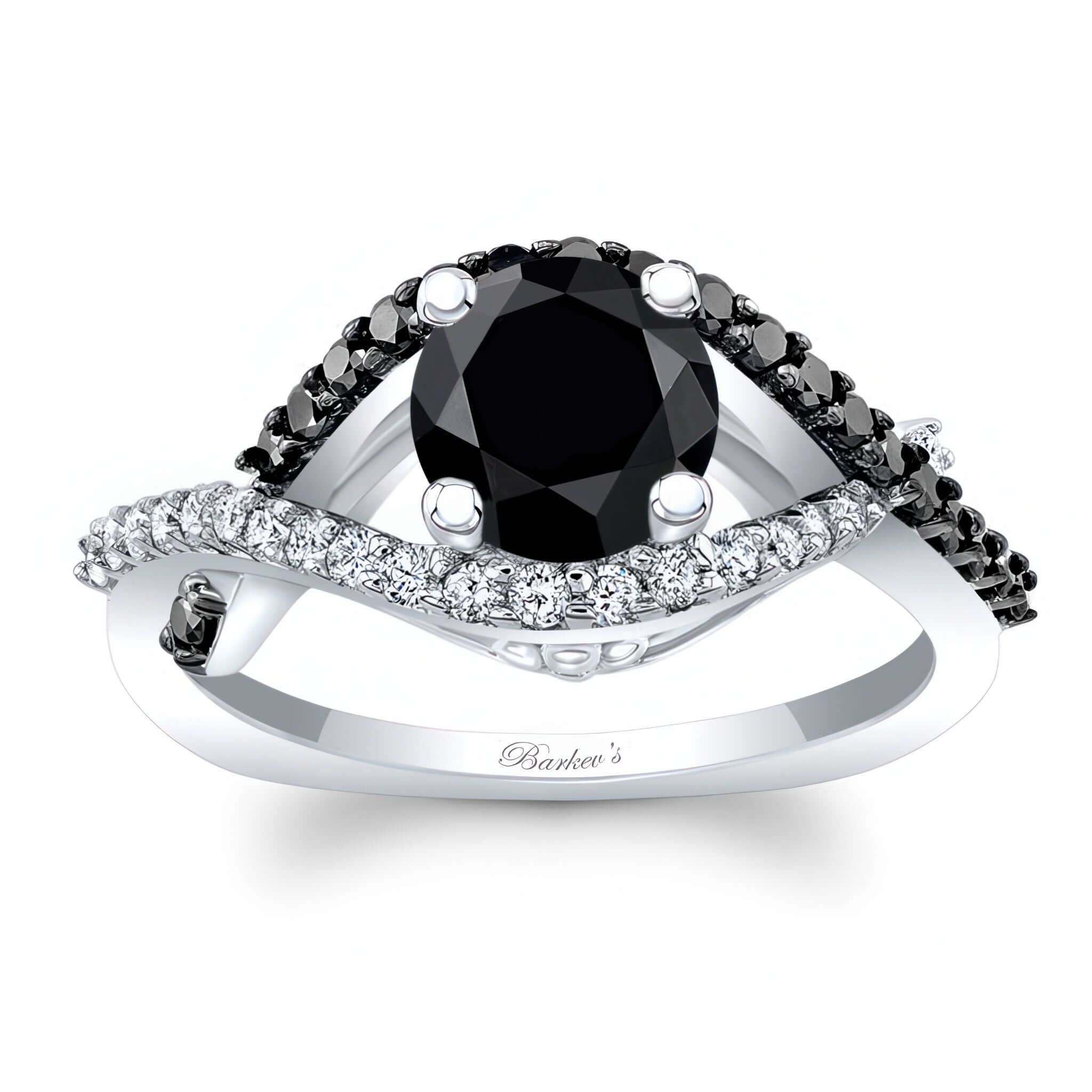 Criss Cross Black Diamond Engagement Ring featuring prong set round center and sparkling black and white diamonds.