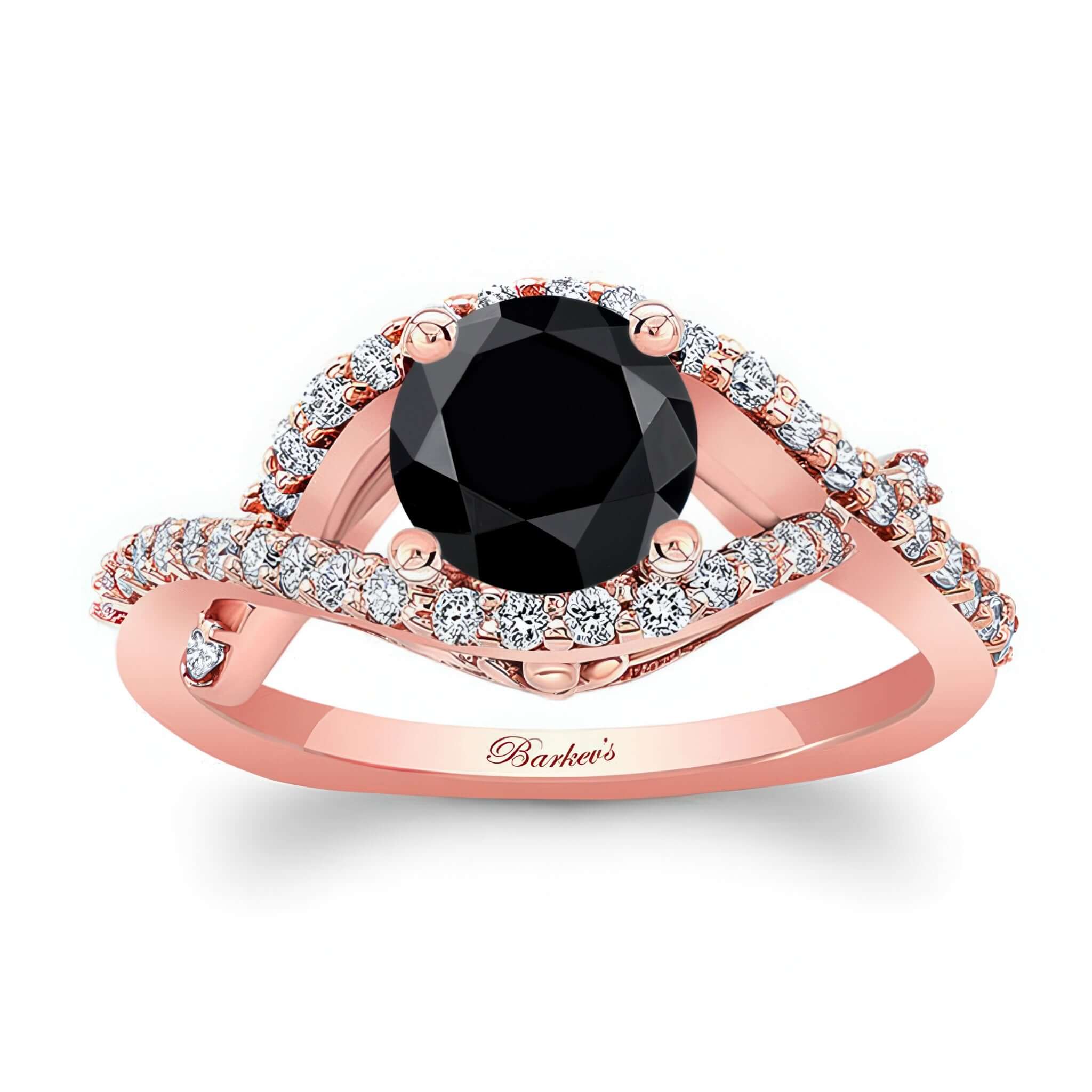 Criss Cross Black And White Diamond Ring featuring a prong set round center and sparkling shared prong set diamonds.