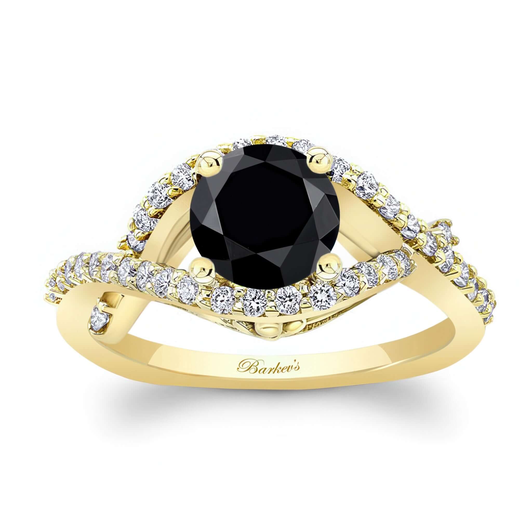 Criss Cross Black And White Diamond Ring with a prong set black center stone and diamonds in a curving frame.