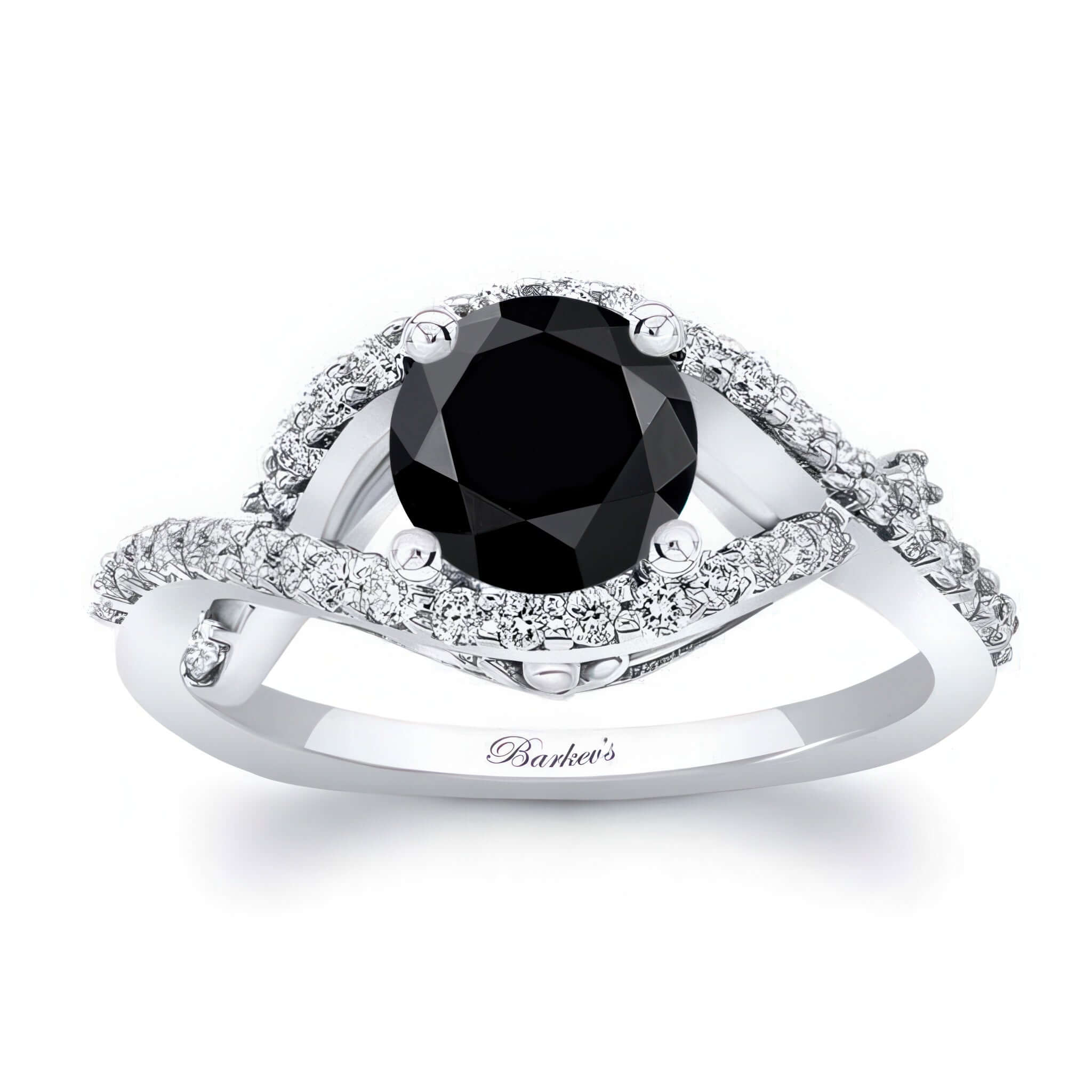 Criss Cross Black And White Diamond Ring featuring a prong set round center with sparkling shared prong set diamonds.