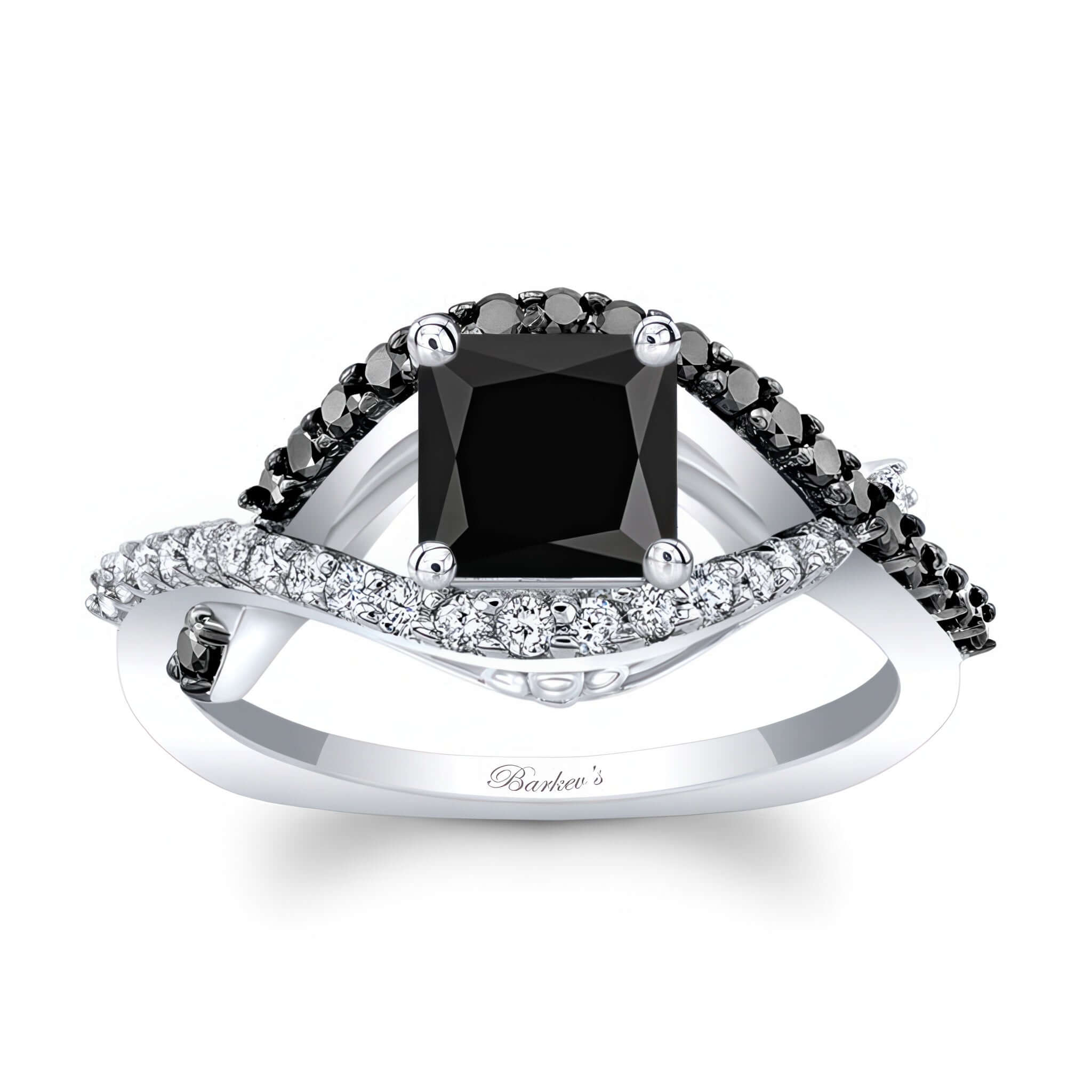 Criss Cross Princess Cut Black Diamond Ring featuring a prong set center and a curving frame with black and white diamonds.