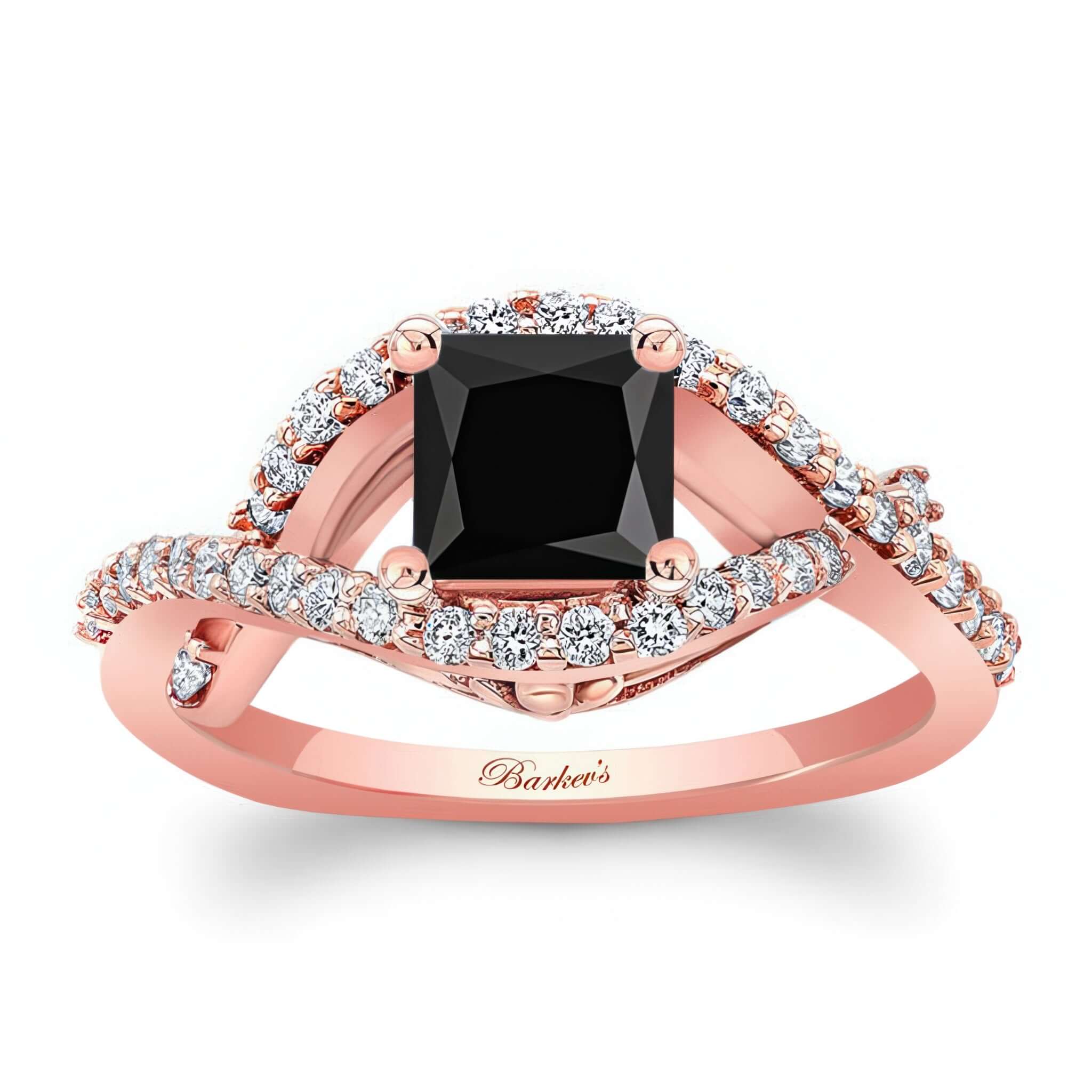 Criss Cross Princess Cut Black And White Diamond Ring with a black center stone and sparkling diamonds in a rose gold setting.