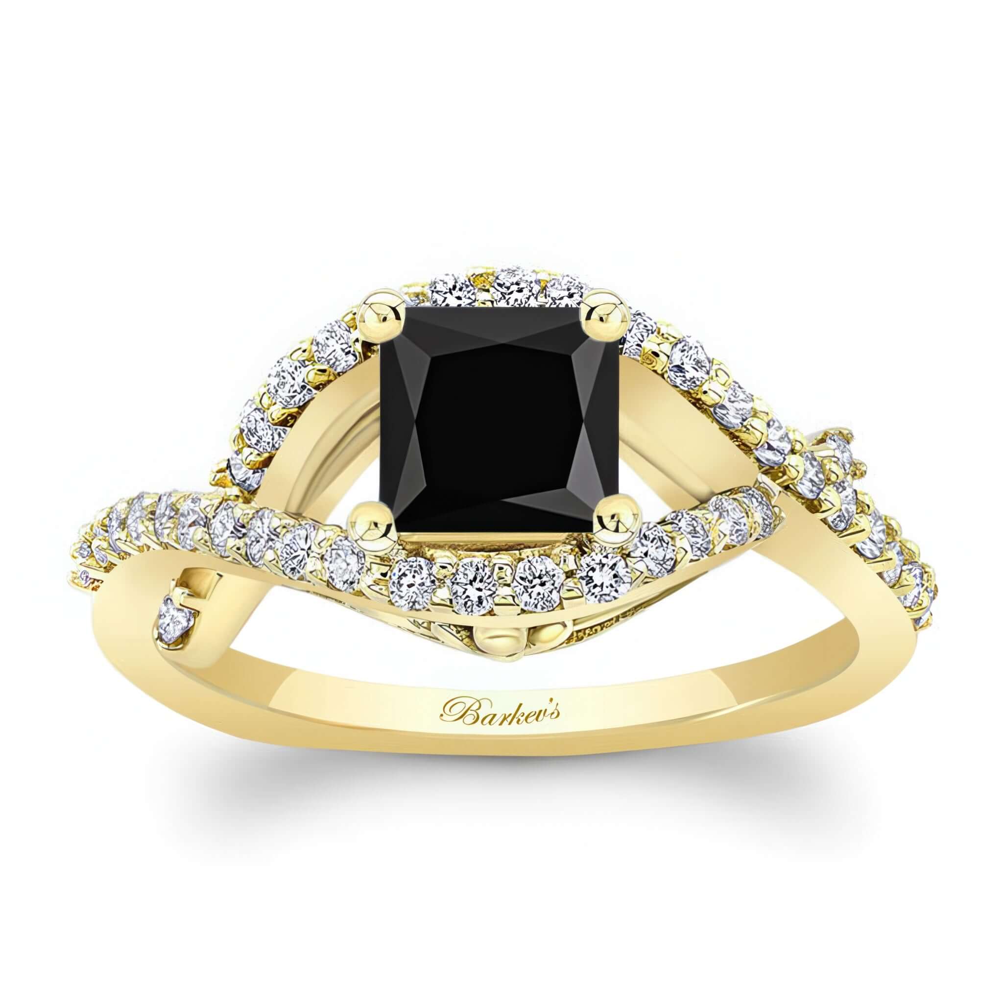 Criss Cross Princess Cut Black And White Diamond Ring showcasing a prong set black diamond in a curving gold frame.