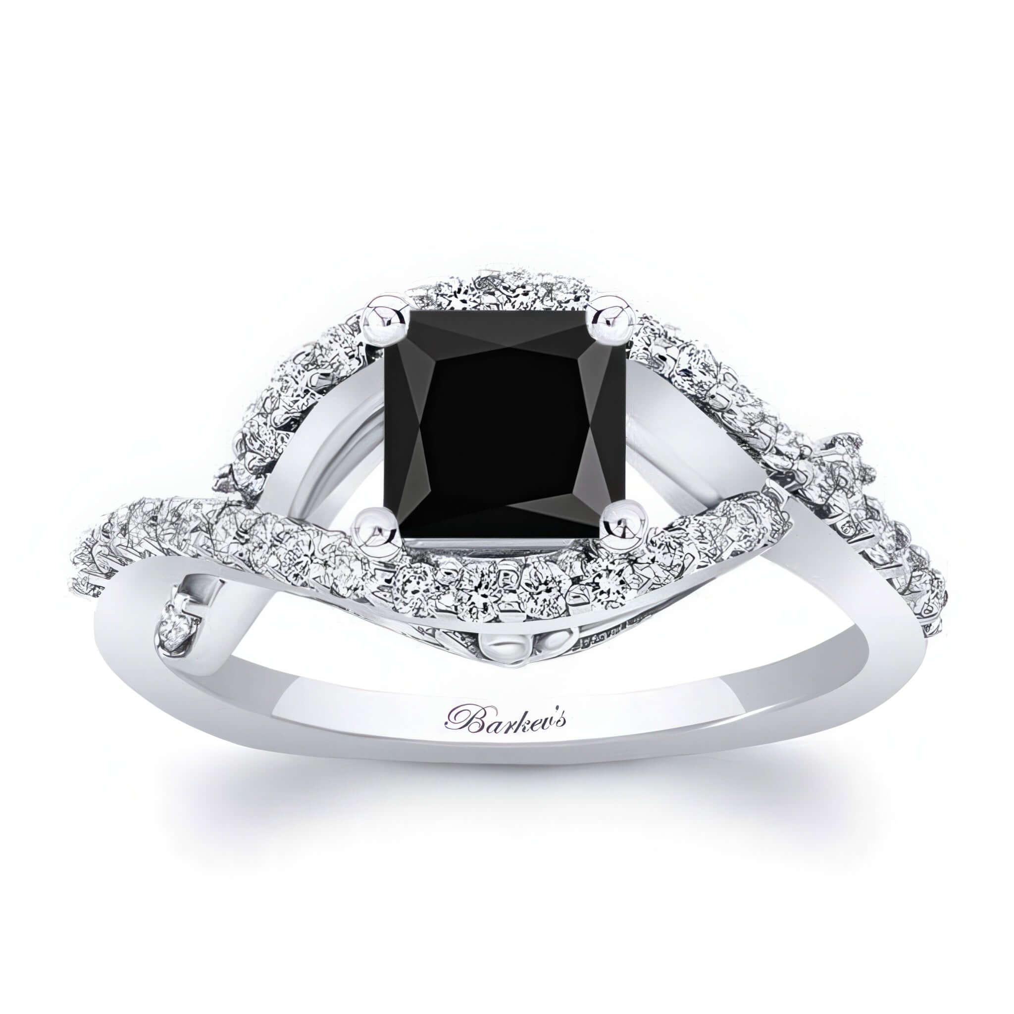 Criss Cross Princess Cut Black And White Diamond Ring with prong set black center and sparkling white diamonds.