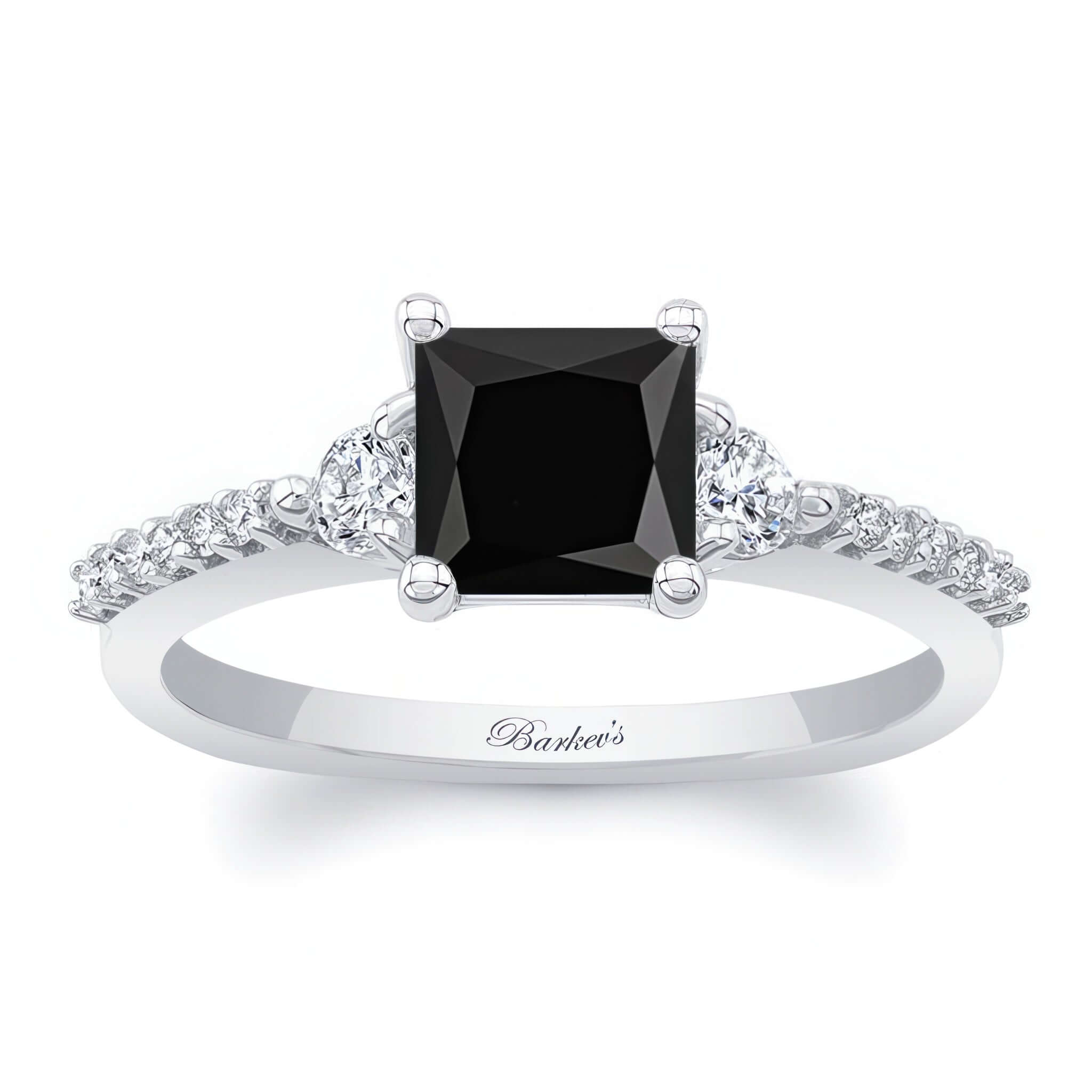Black And White Diamond 3 Stone Princess Cut Engagement Ring with black center diamond and side accents.