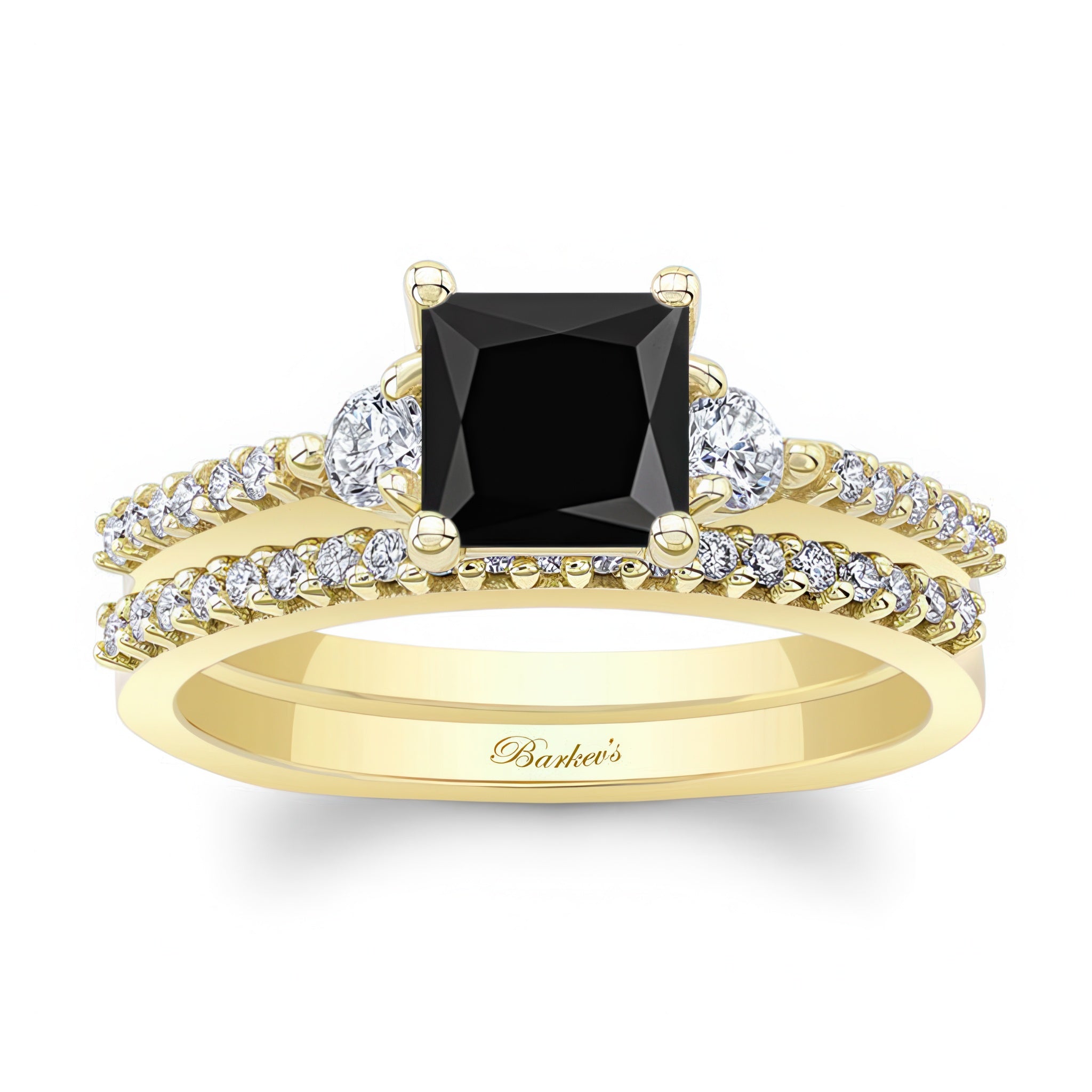 Black And White Diamond 3 Stone Princess Cut Wedding Set featuring a black princess cut center stone and diamond accents.