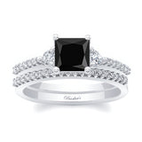 Black And White Diamond 3 Stone Princess Cut Wedding Set