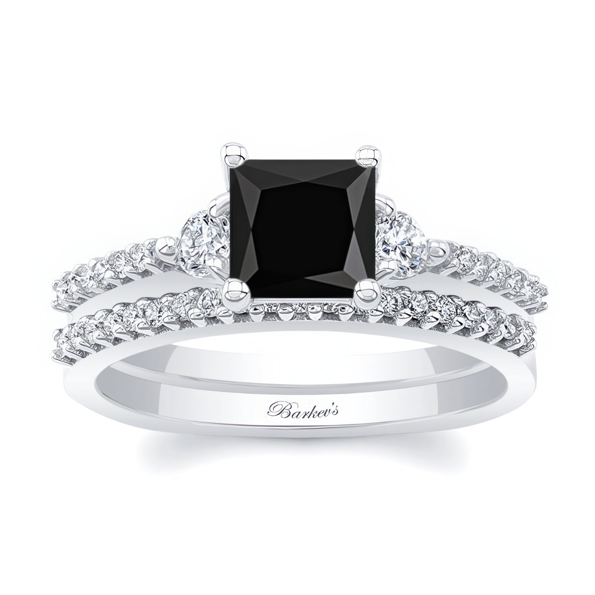 Black And White Diamond 3 Stone Princess Cut Wedding Set featuring a black princess cut stone and sparkling accents.