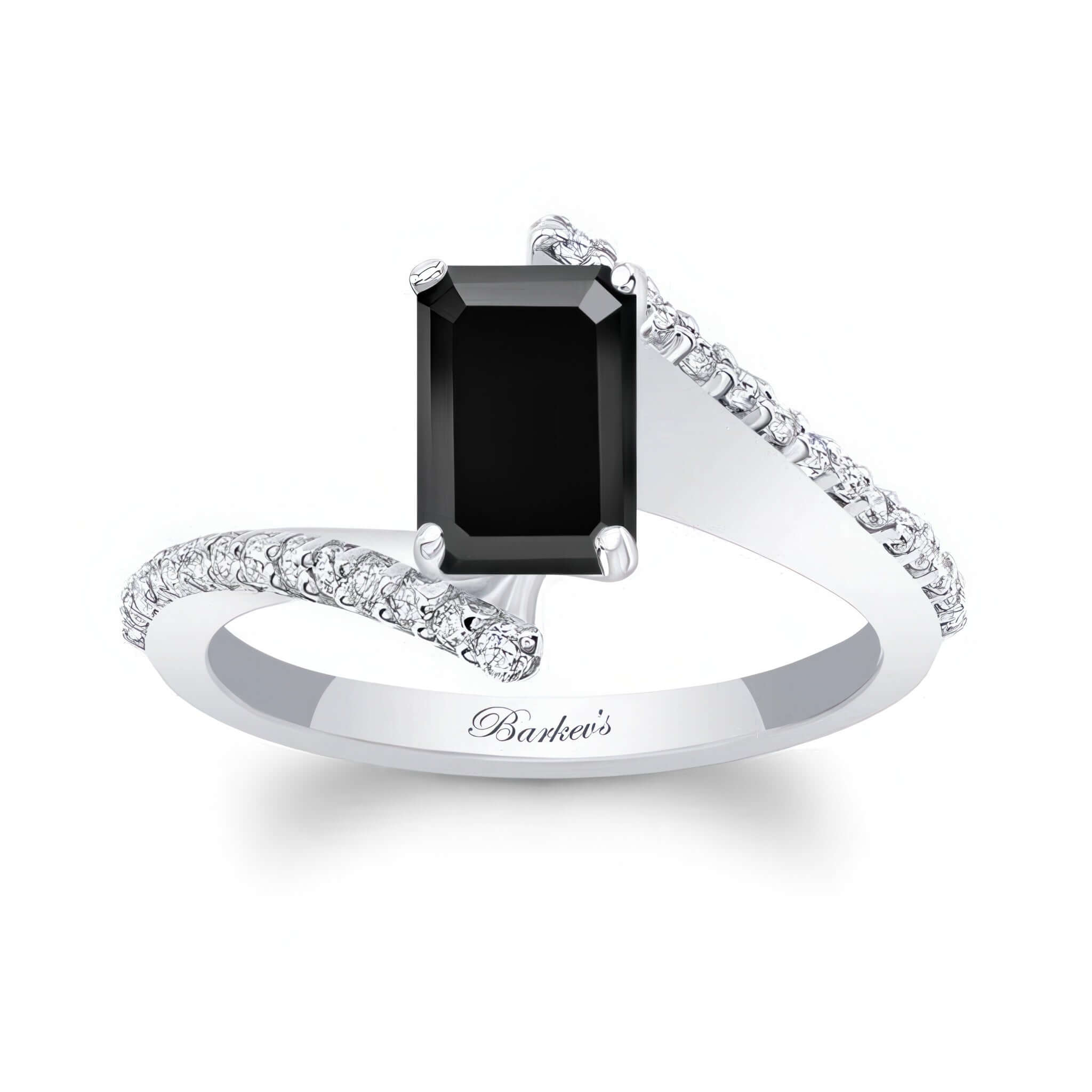 Emerald Cut Black And White Diamond Pave Engagement Ring with a black center stone and diamond accents on the band.