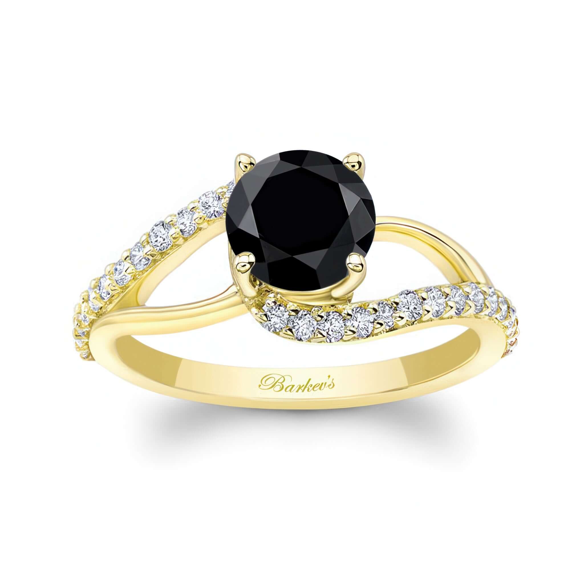 Split Shank Black And White Diamond Ring featuring a round center and diamond-adorned split shoulders.