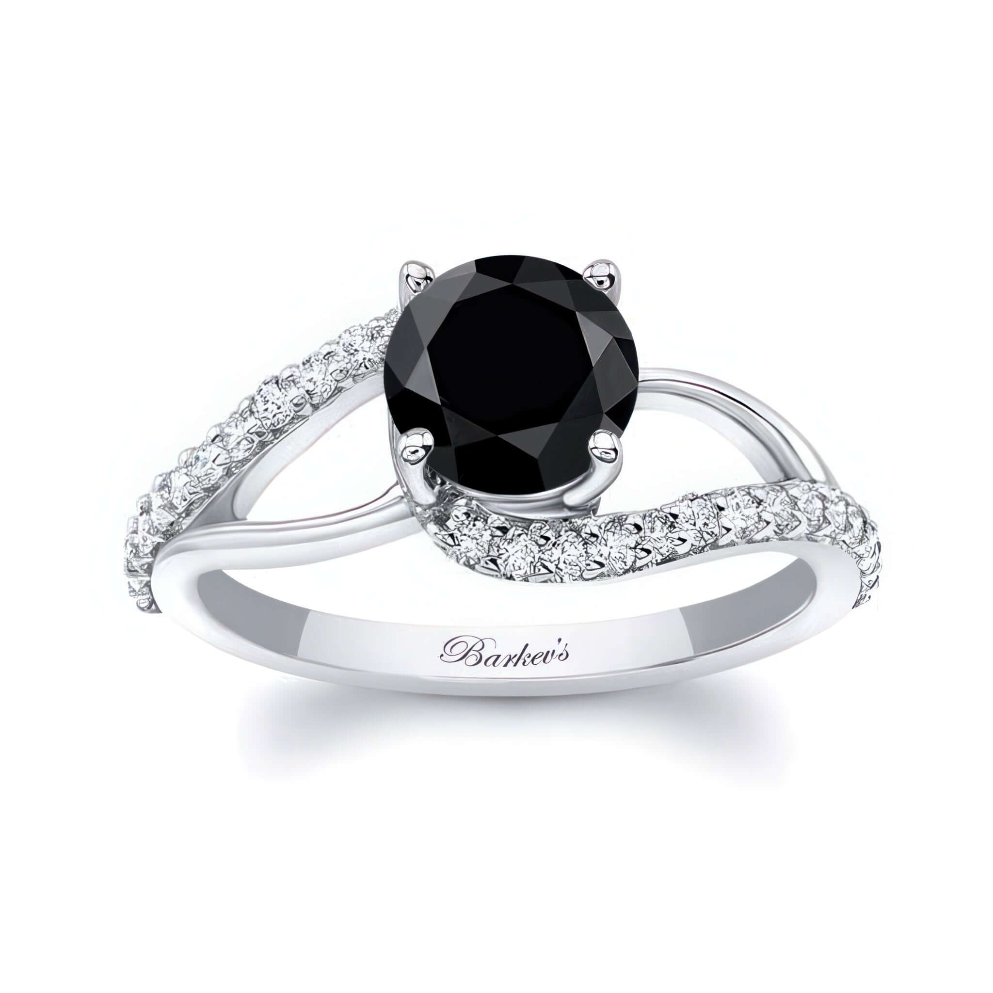 Split Shank Black And White Diamond Ring with round center and elegant split shoulders adorned with diamonds.