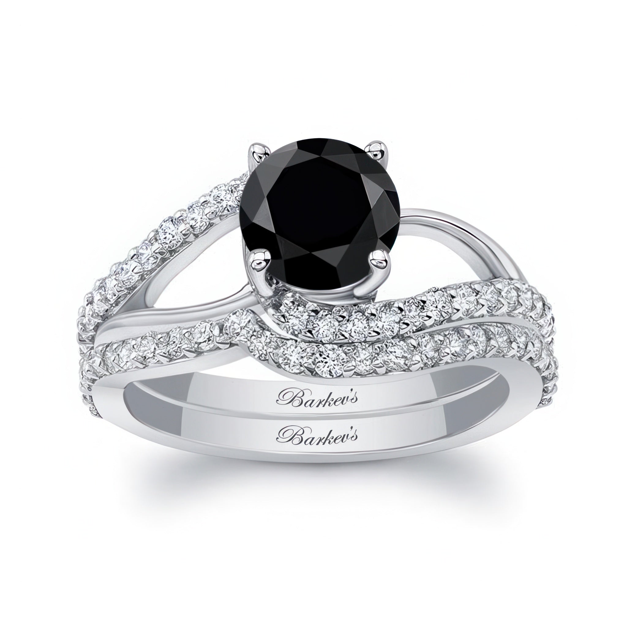Split Shank Black And White Diamond Bridal Set featuring a round black diamond center and diamond-adorned split shoulders.