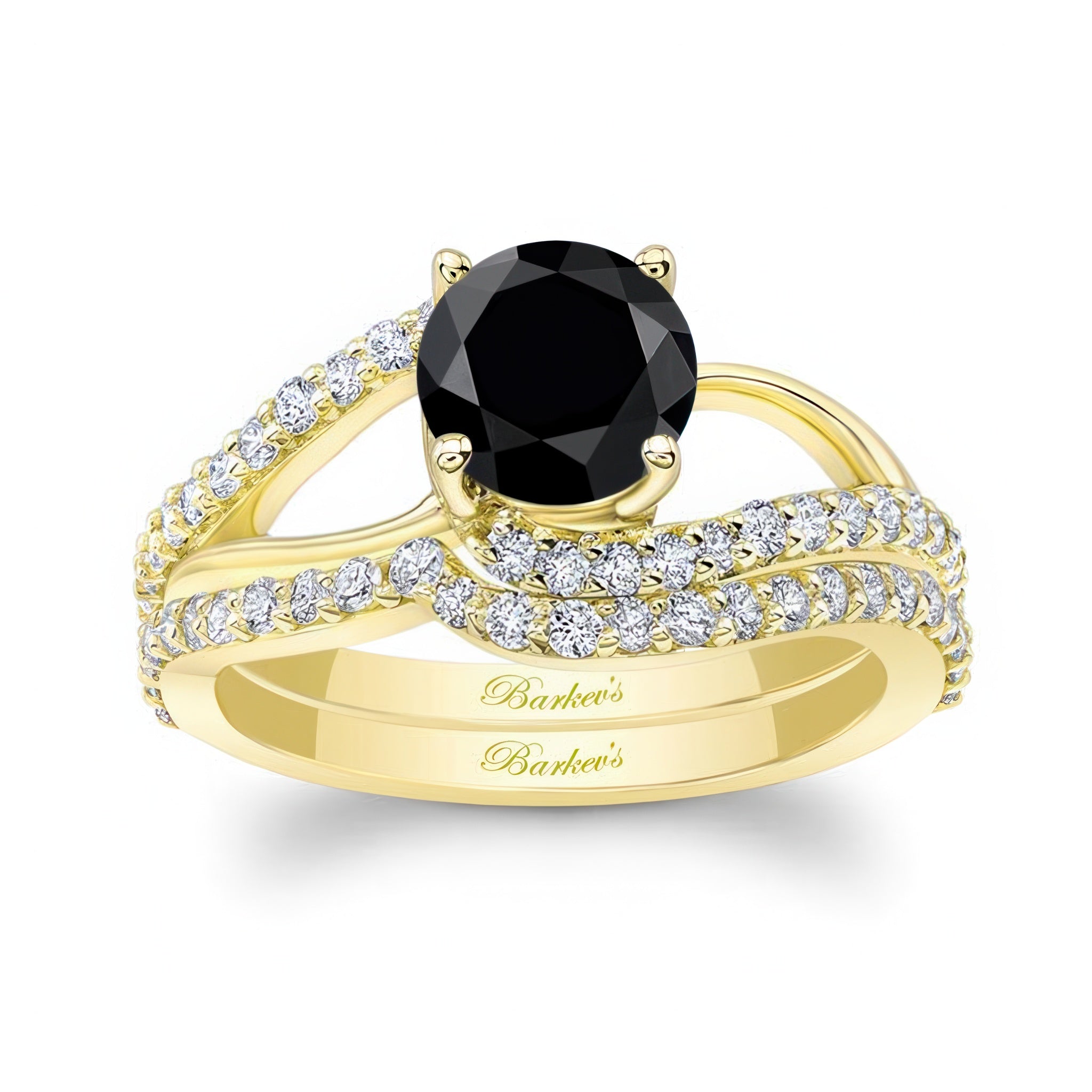 Split Shank Black And White Diamond Bridal Set featuring a round black diamond and sparkling accents.