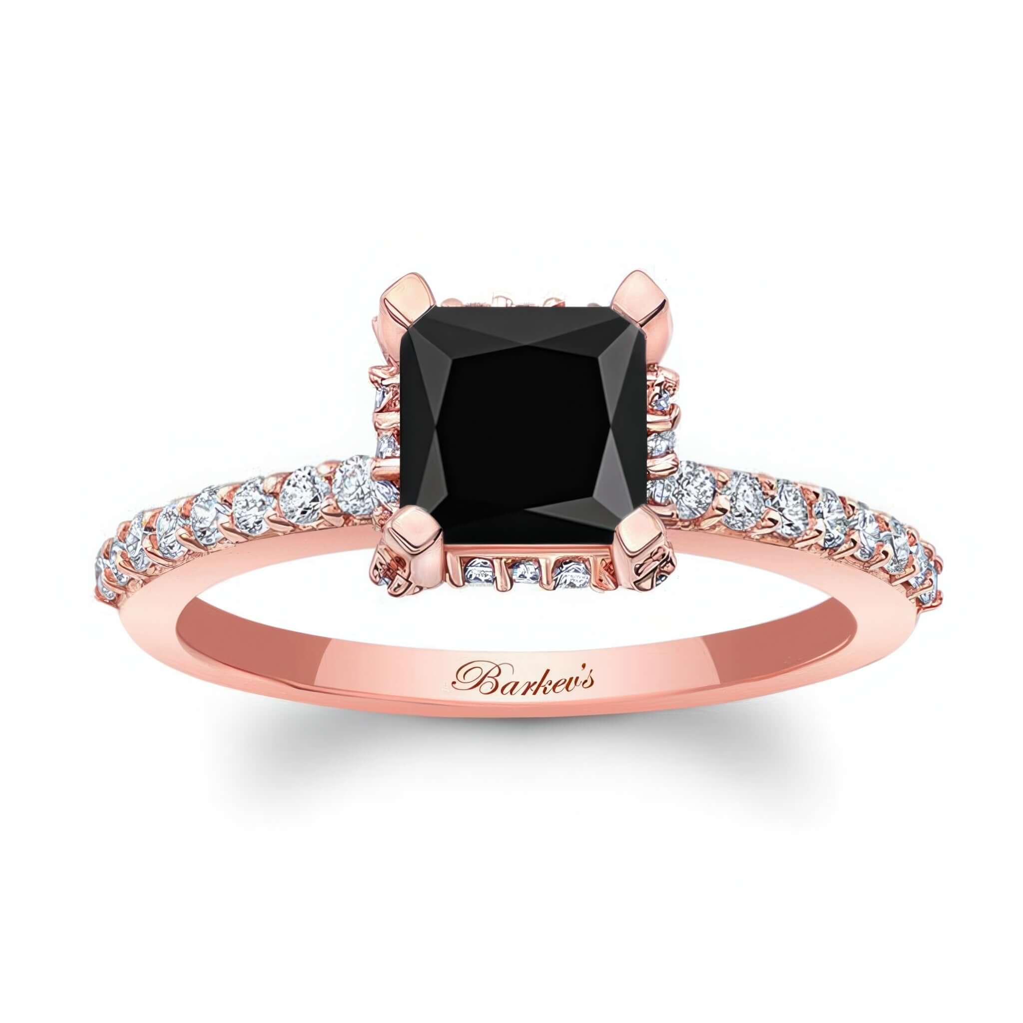 Hidden Halo Princess Cut Black And White Diamond Engagement Ring with a black diamond in rose gold setting.