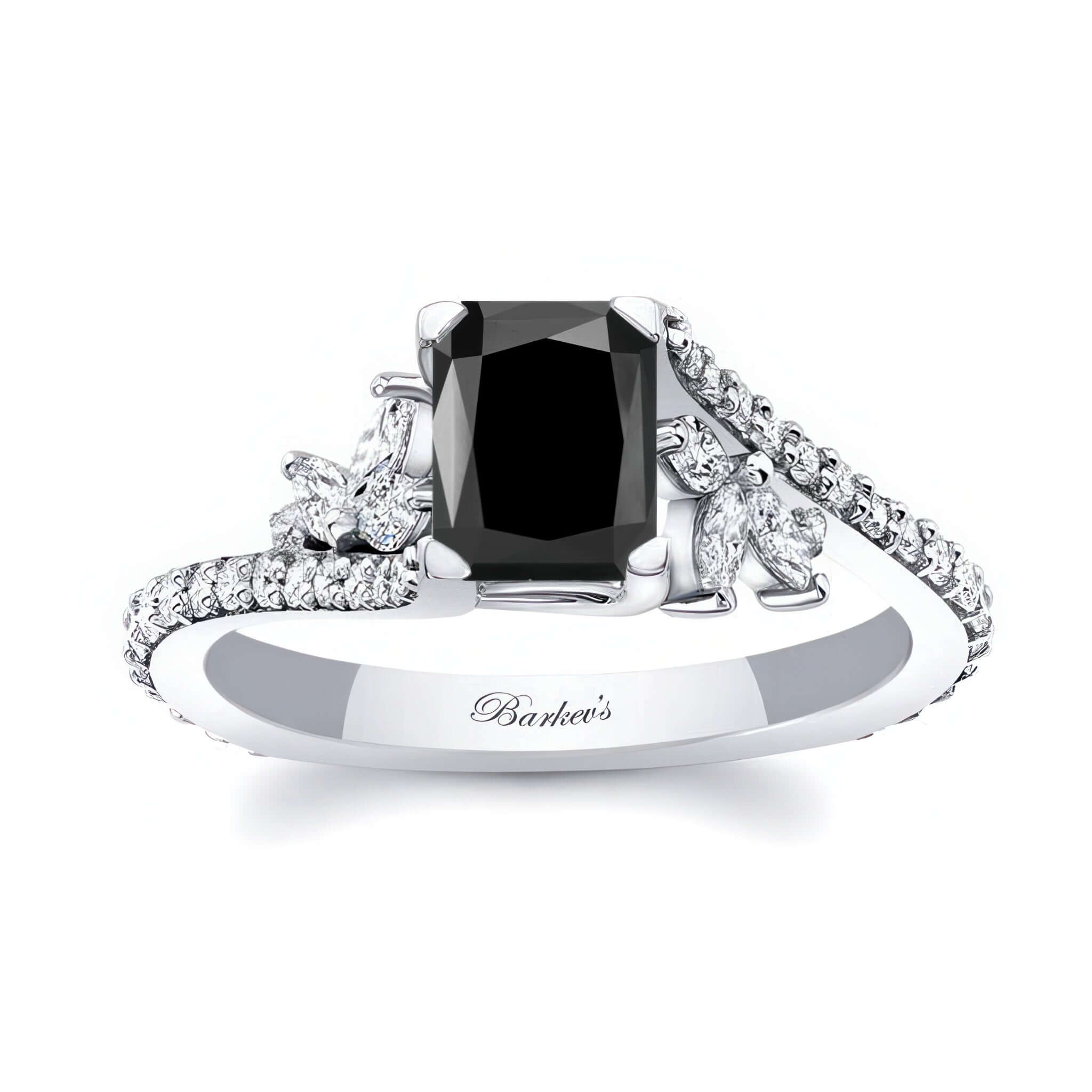 1 Carat Radiant Cut Black And White Diamond Ring featuring a black center stone with marquise and round diamonds.