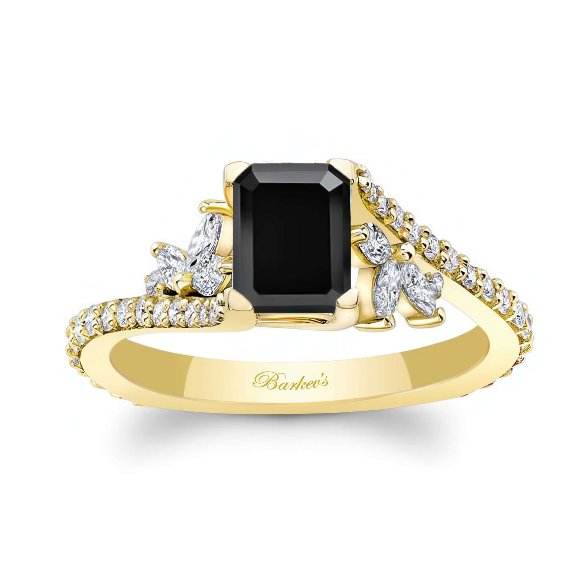 1 Carat Emerald Cut Black And White Diamond Ring showcasing a stunning black center stone with sparkling side diamonds.