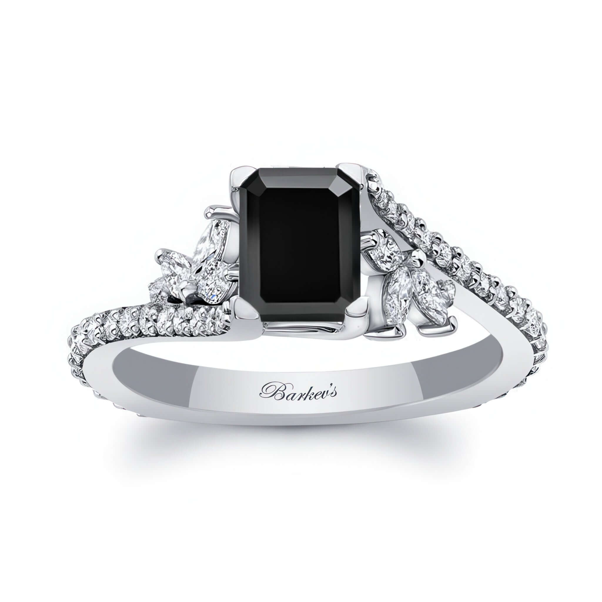 1 Carat Emerald Cut Black And White Diamond Ring featuring a prong set black center stone with diamond accents.