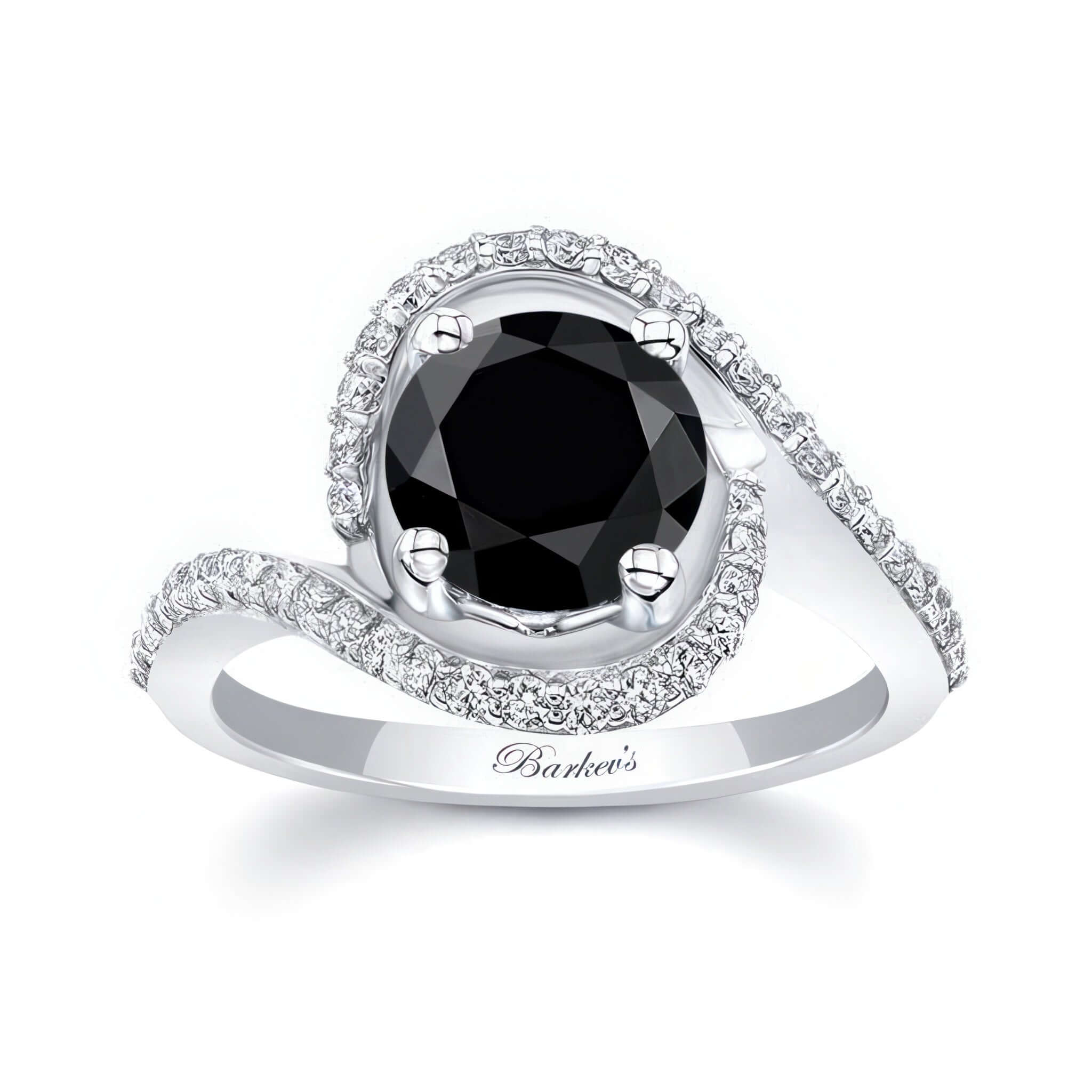 Floating Halo Black And White Diamond Engagement Ring featuring a round center and split shank with micro pave diamonds.