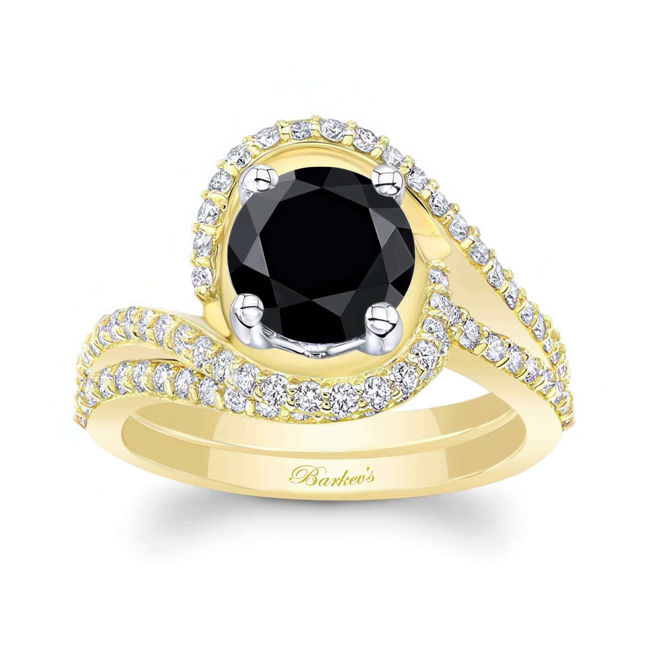 Floating Halo Black And White Diamond Bridal Set featuring a round black center and diamond-accented split shank.