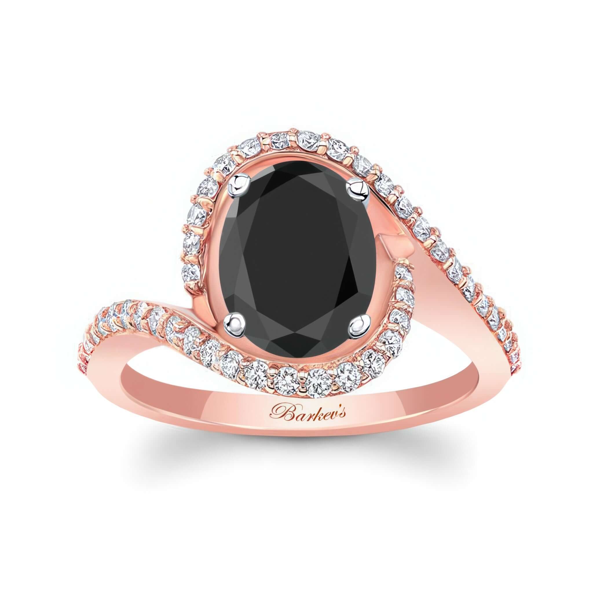 2 Carat Oval Black And White Diamond Ring with a black center stone and pave diamonds on a rose gold band.
