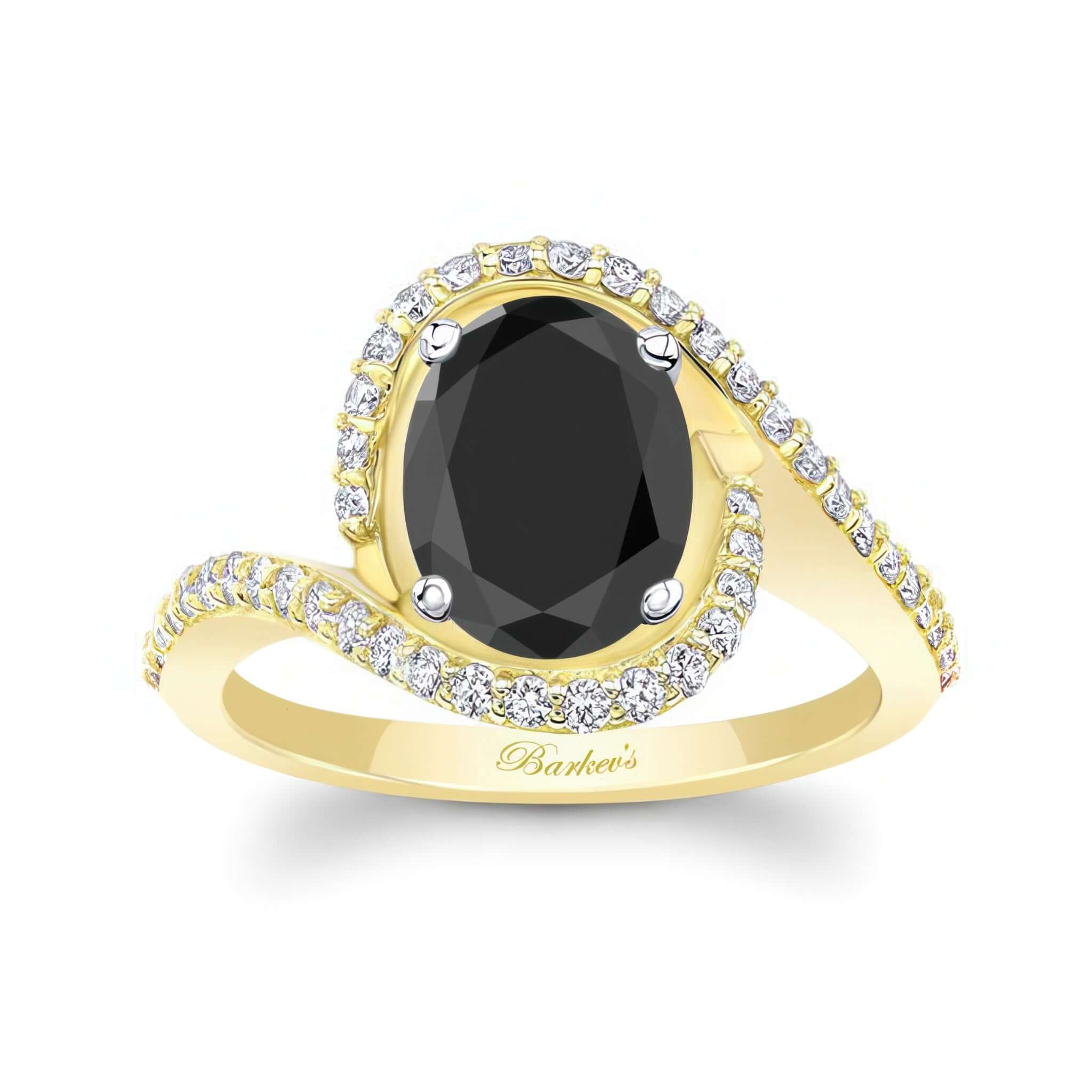 2 Carat Oval Black And White Diamond Ring with a split shank and pave diamonds in a swirling design.