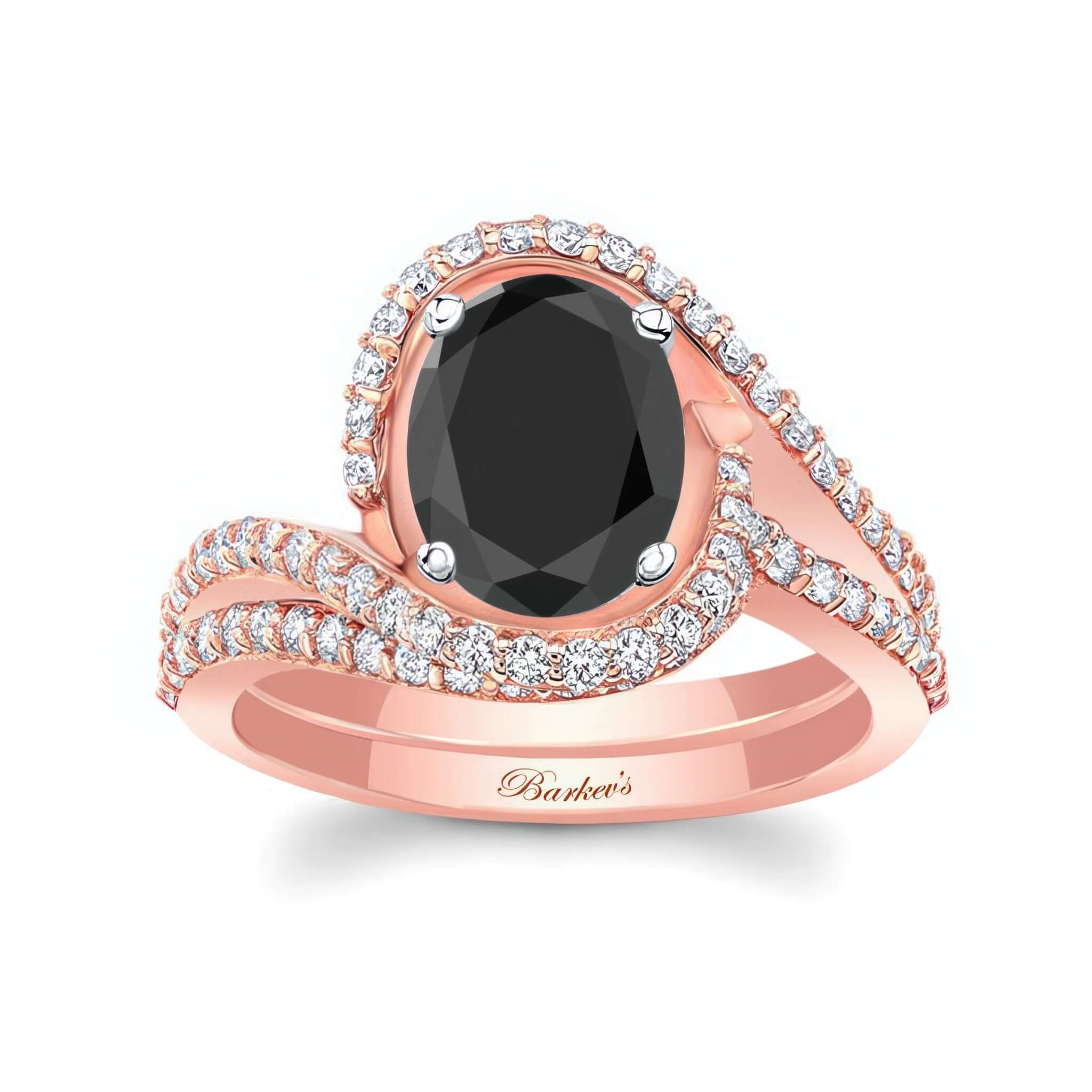 2 Carat Oval Black And White Diamond Wedding Ring Set featuring a black oval diamond and pave diamonds on a rose gold band.